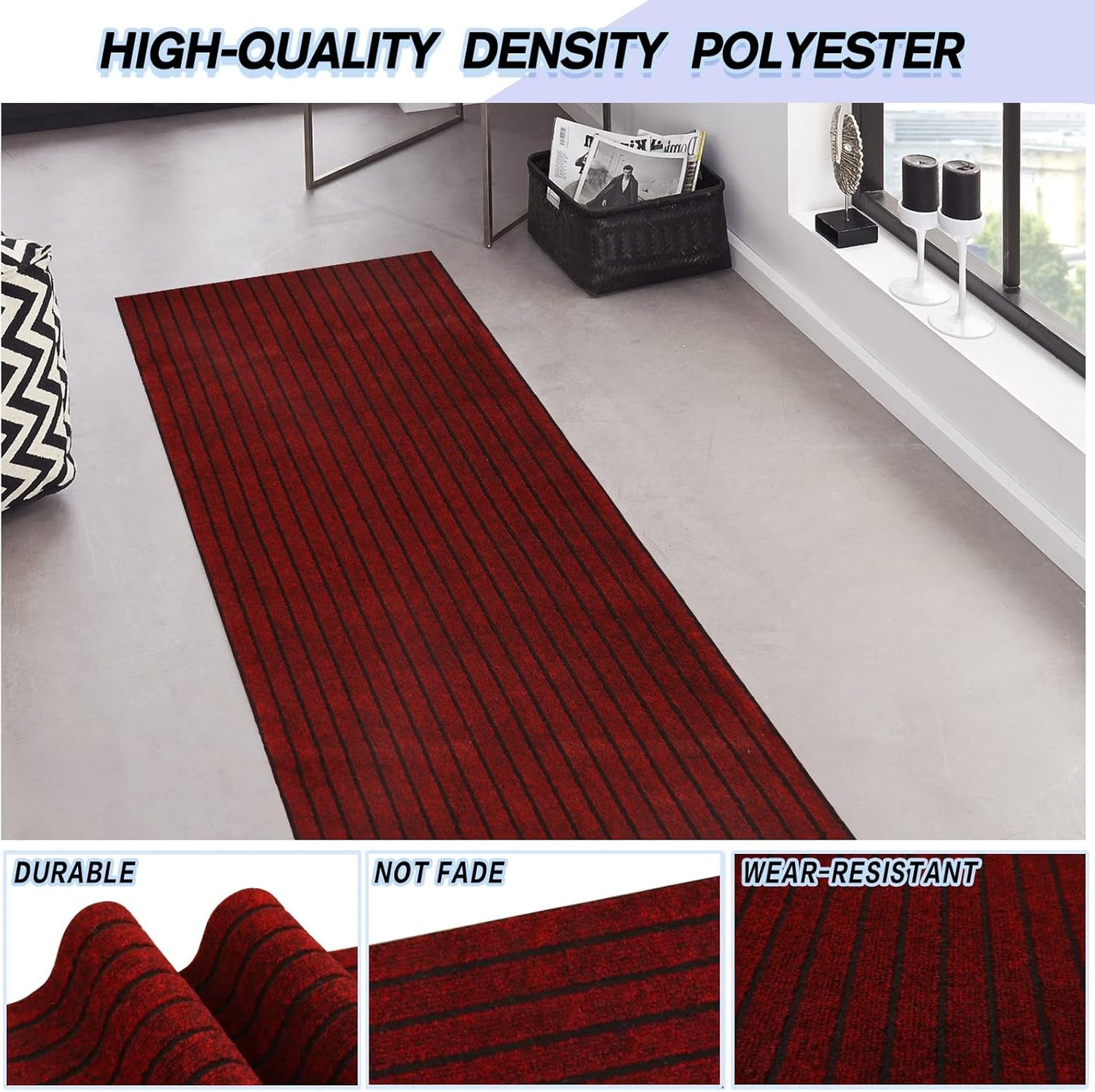 Custom Size Backed Non-Slip Area Rugs Runner, Easy Clean, Waterproof Runner Rugs for Hallway Entryway, Kitchen, Laundry, 2FT x 29FT, Red Stripe