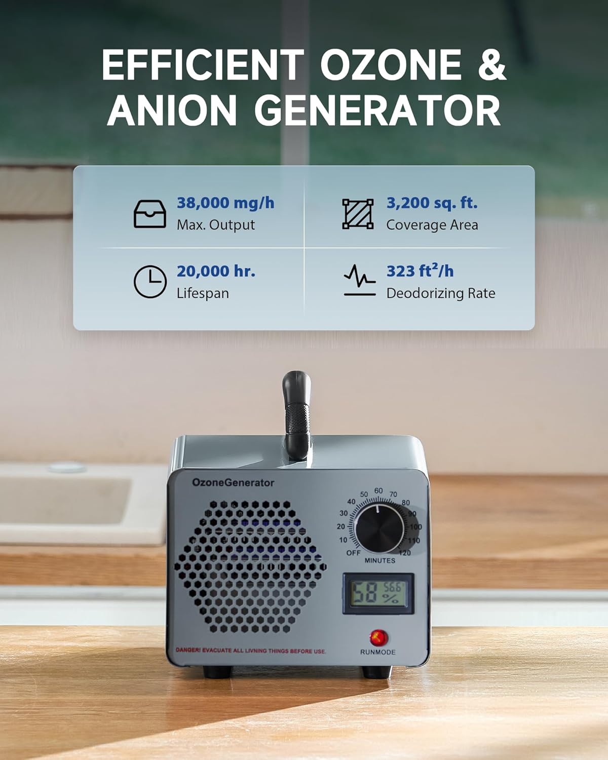 CREWORKS Ozone Odor Machine, Commercial Ozone Generator Air Purifier with Timer Display, 45000 mg/h Ozone Machine for Car Home Smoke Pet Odor Removal, High Capacity for 3200 sq ft Room, Silver