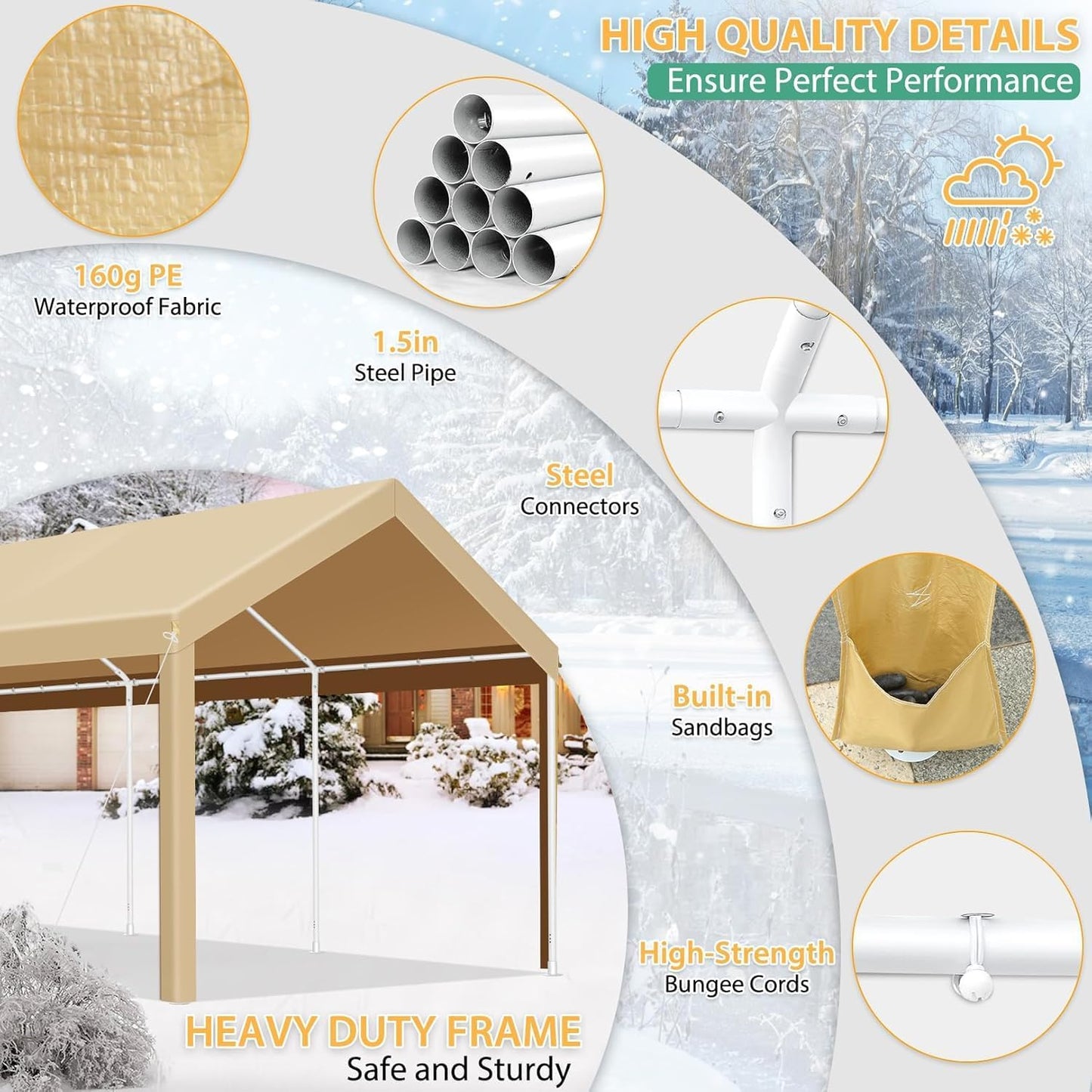 COBIZI Carport 10x20ft Heavy Duty Portable Garage, 2.0 Powder Coated Frame(Better Than Galvanized), Waterproof Shelter with Built-in Sandbags, for Car/Boat/SUV, Khaki