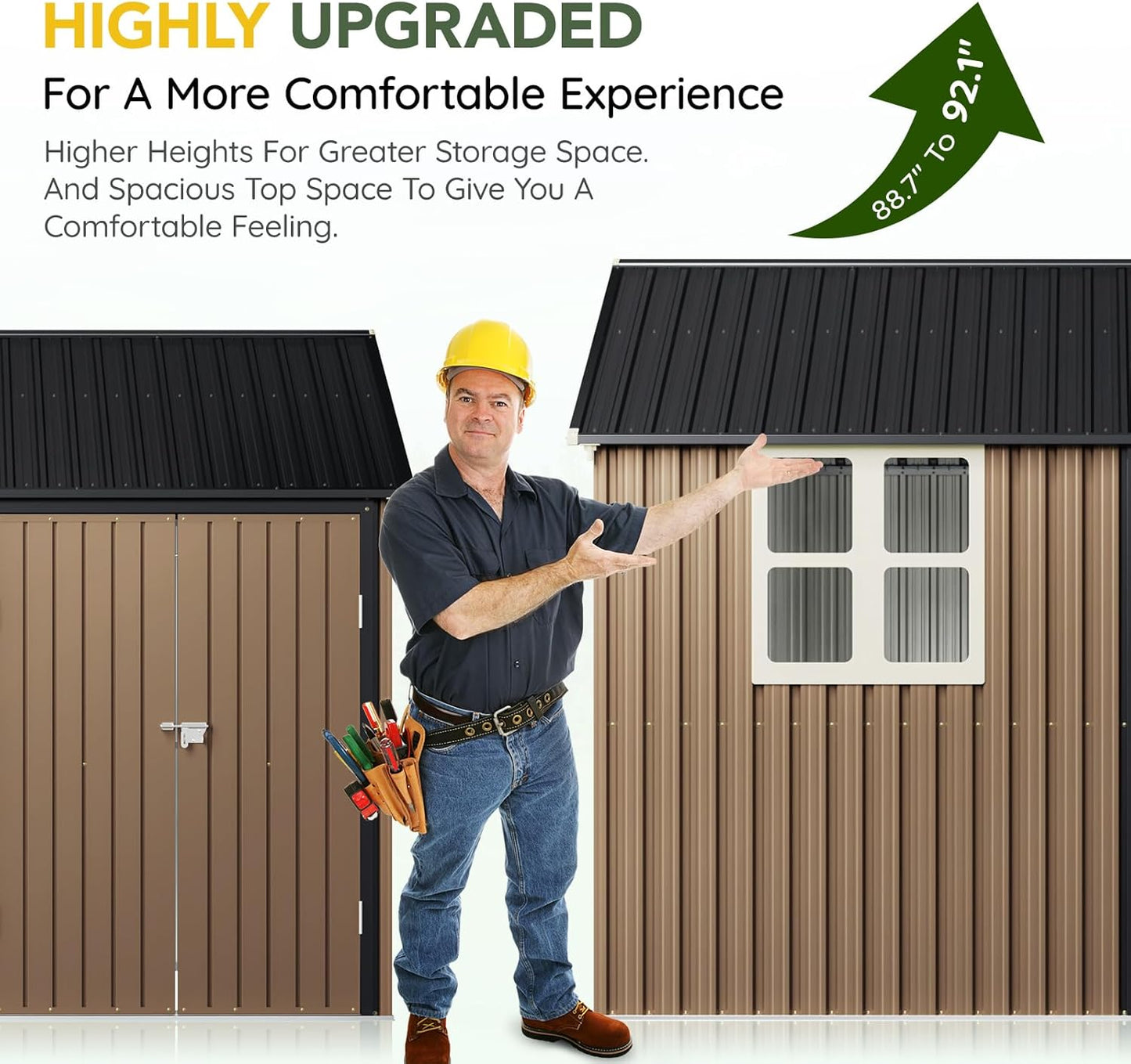 Breezz 8X10FT Outdoor Steel Storage Shed with Clear Window, Lockable Doors, Weather-Resistant Metal Tool Shed for Garden, Backyard, Patio, and Utility Storage.Brown