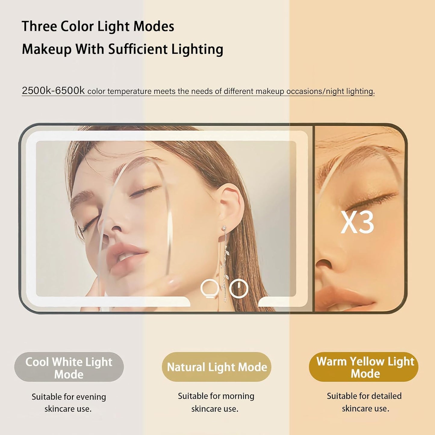 Car Sun Visor Vanity Mirror, Dimmable Touch Screen Makeup Mirrors with 3 Light Modes & 3x Magnifying for Women Detailed Makeup Universal Clip-on Rear View Sun-Shading Cosmetic Mirror (Black)