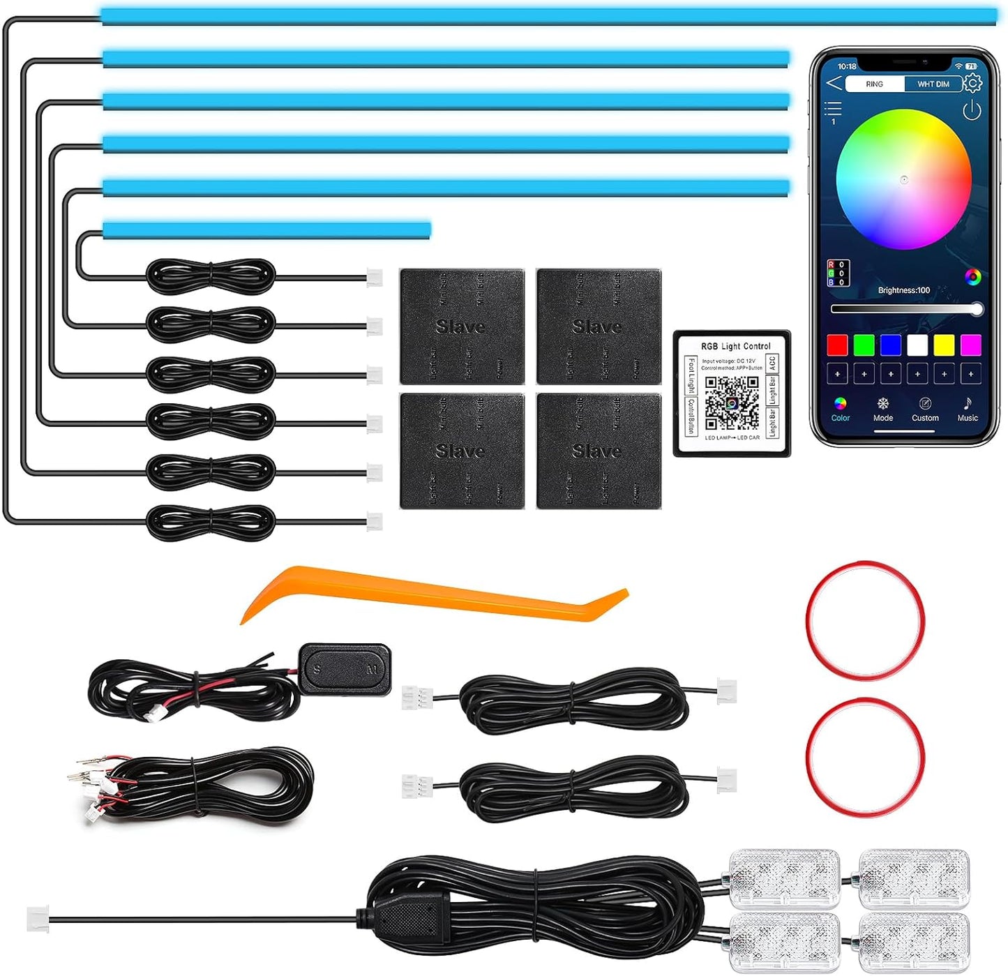 Acrylic Interior Car LED Strip Light with Wireless APP, RGB 10 in 1 with 175 inches 612 LEDs Fiber Optic Car Ambient Lighting Kits, Dynamic Music Sync Neon LED Strip Lights for Car