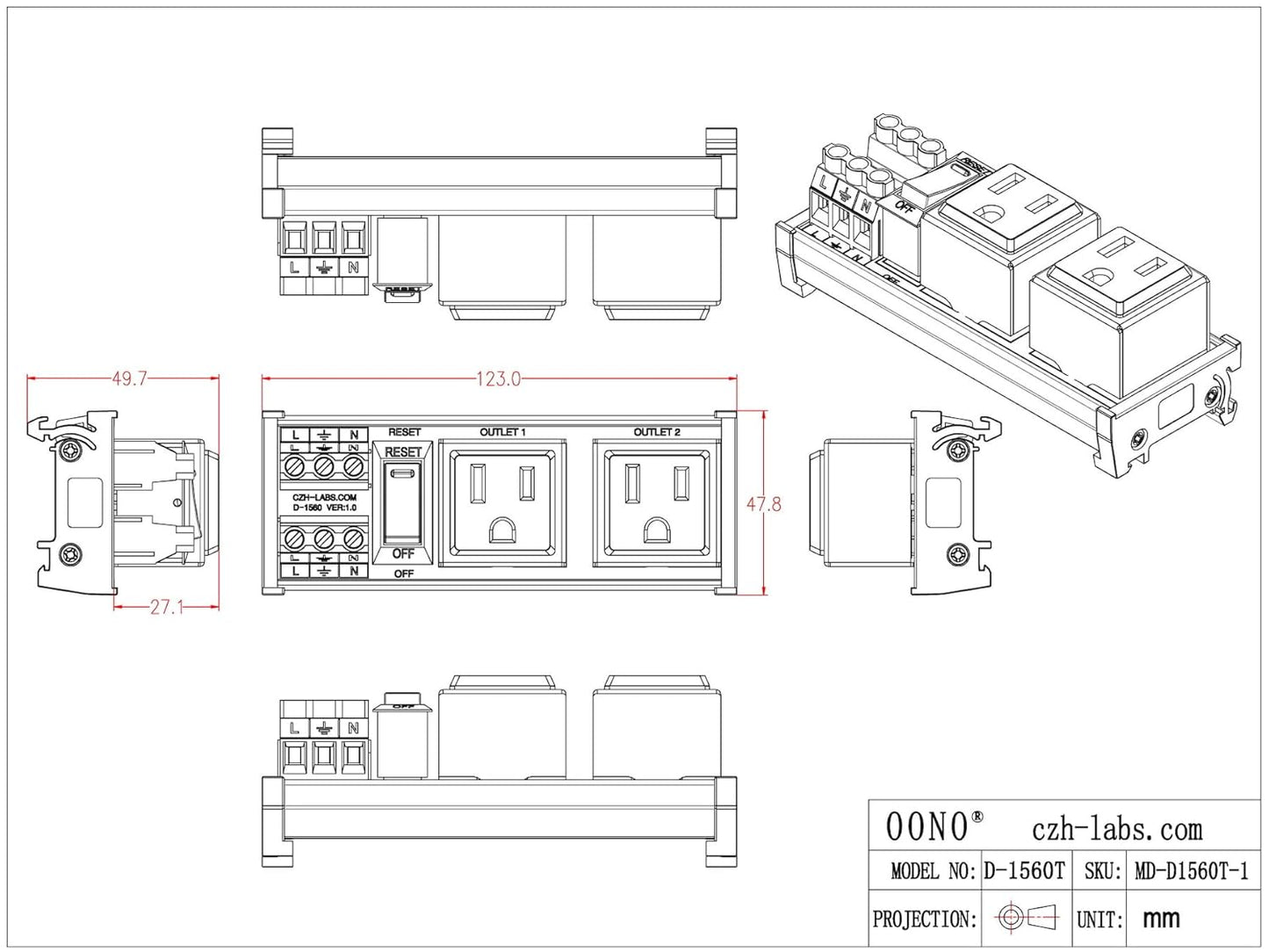 DIN Rail Mount AC 120V NEMA 5-15R Double Receptacles Outlet Power Strip Module, with Rocker Switch Thermal Circuit Breaker Overload Protector