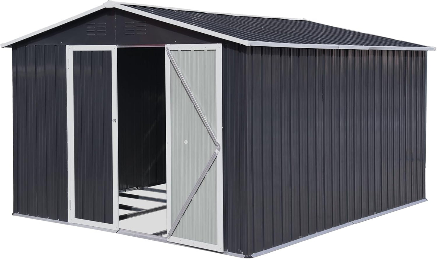12 x 10 FT Metal Garden Shed, Outdoor Storage Shed with Heavy-Duty Steel Construction, Built-in Punched Vents & Hinged Door, Free Padlock for Secure Backyard, Patio & Garage Storage, Dark Grey