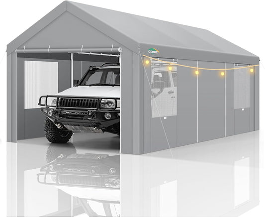 COBIZI Carport Canopy 12x20 Heavy Duty Portable Garage with Removable Sidewalls & Doors, Galvanized Frame Car Port Canopy Tent Waterproof with Built-in Sandbags for Car Boat Truck, Gray