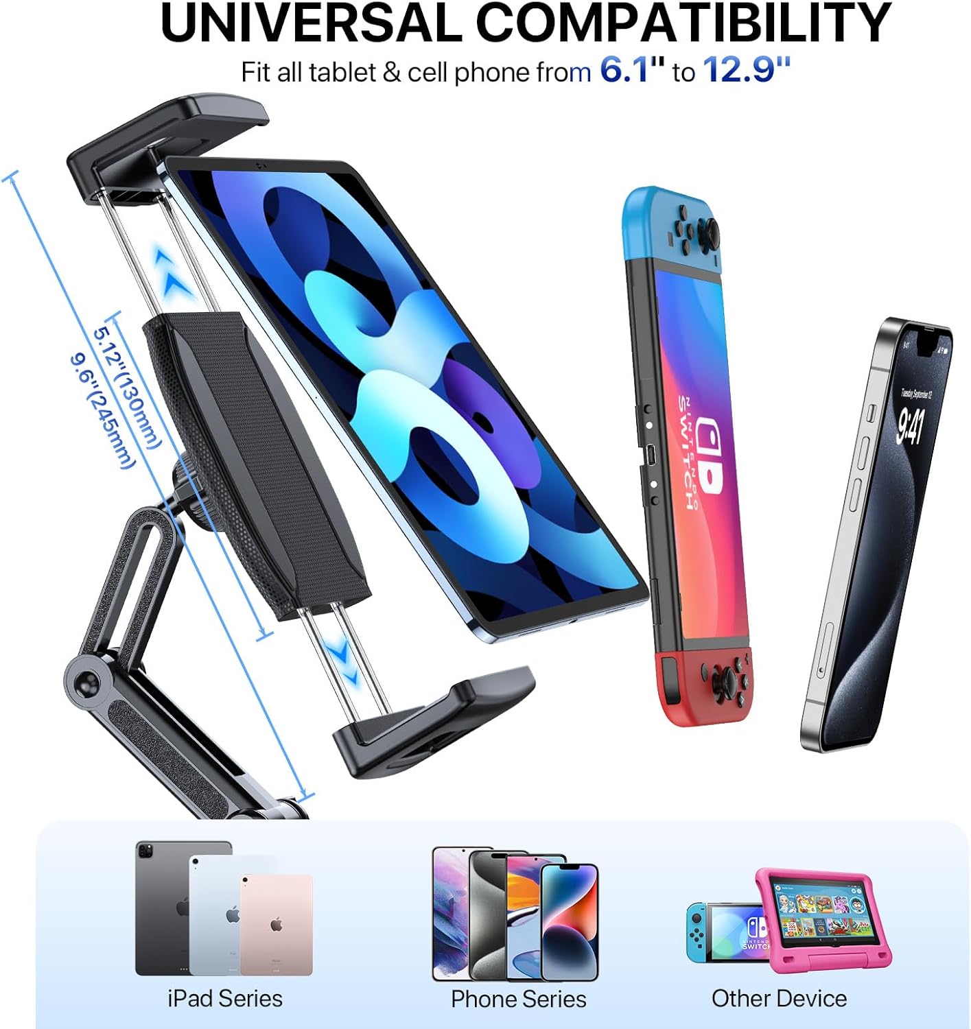 Miracase [2025 Latest Upgraded Cup Holder Tablet Mount for Car, [High-Rise Clamp Arm] Adjustable Long Neck Car Tablet Holder Compatible with iPad, Pro, Air, Mini & All 6.1-12.9" Tabs