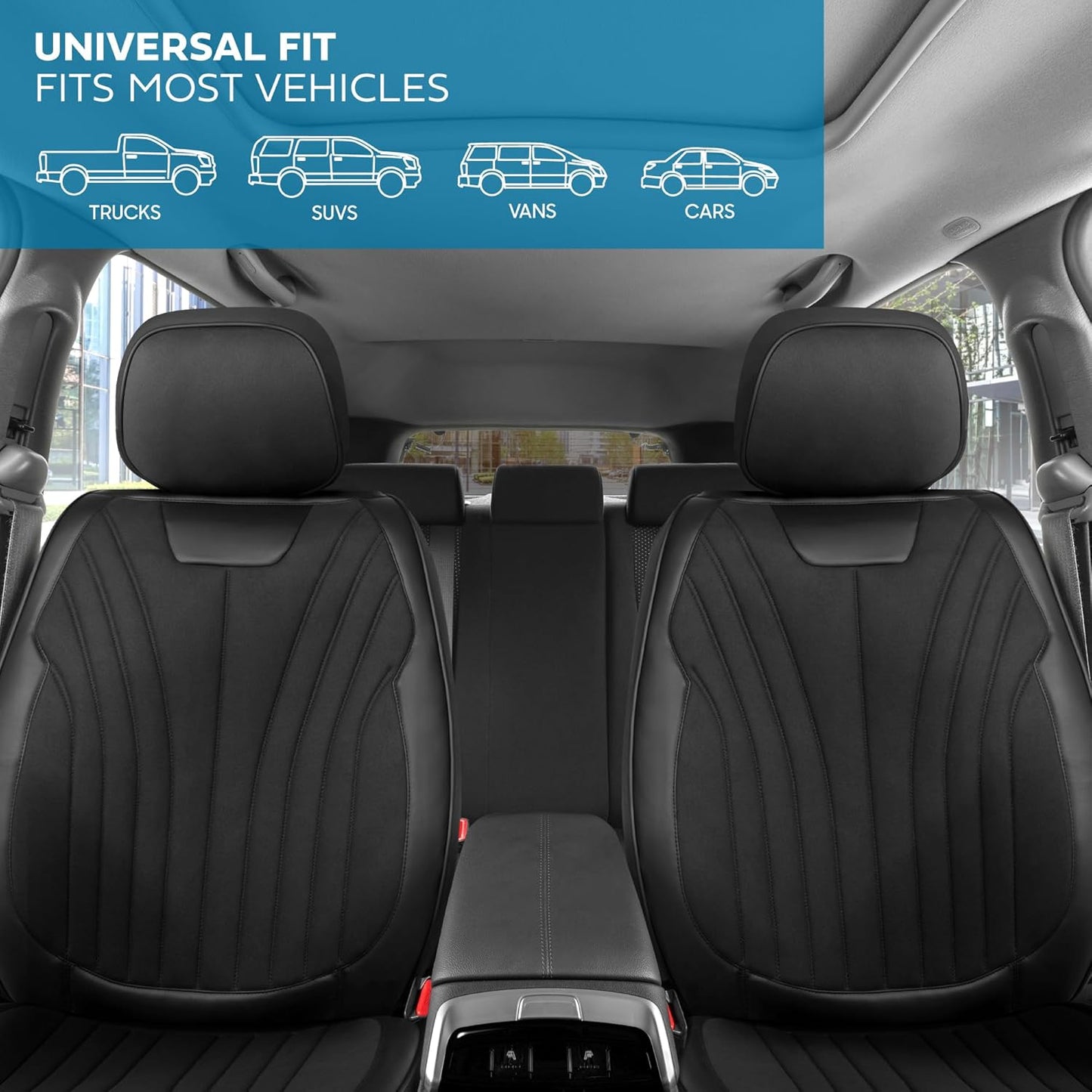 Elite Edition Faux Leather & Suede Seat Covers for Cars, Trucks, & SUV - 2 Black Car Seat Covers for Front Seats - Universal Fit Car Accessories Automotive Interior Cover Protector for Cars