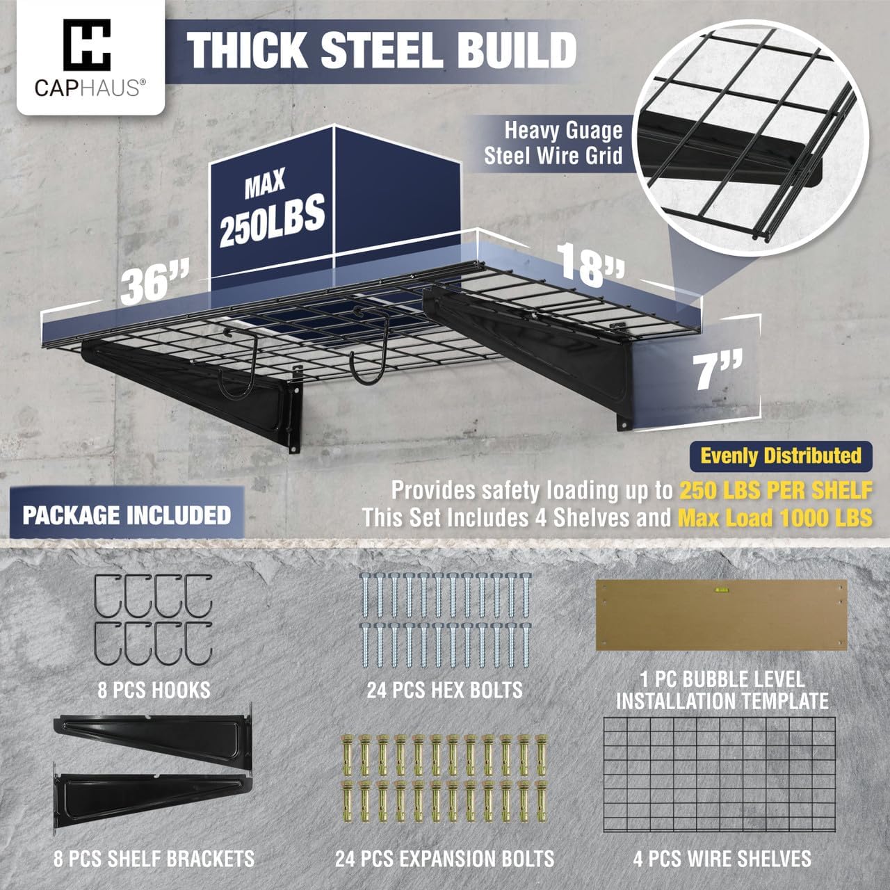 Fencer Wire 72 in. W x 18 in. D Wall Mounted Garage Wall Shelving w/ 4 Hooks, Black Wall Shelf, Heavy Duty Garage Wall Storage System, Garage Organizer Floating Shelves, 1000lb Weight Capacity