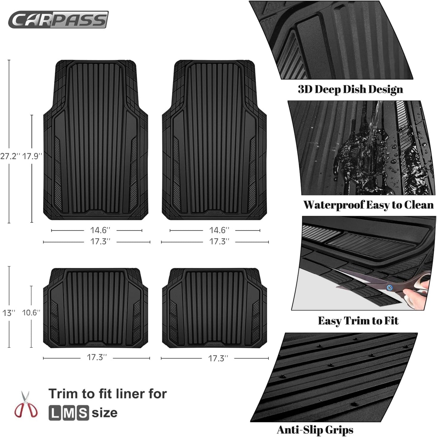 CAR PASS Heavy Duty Sporty Rubber Car Mats, Deep Dish All Weather Car Floor Mats Full Set, Waterproof Anti-Slip Automotive Matts Rugs Trim to Fit for Most Sedans SUVs Vans, All Black