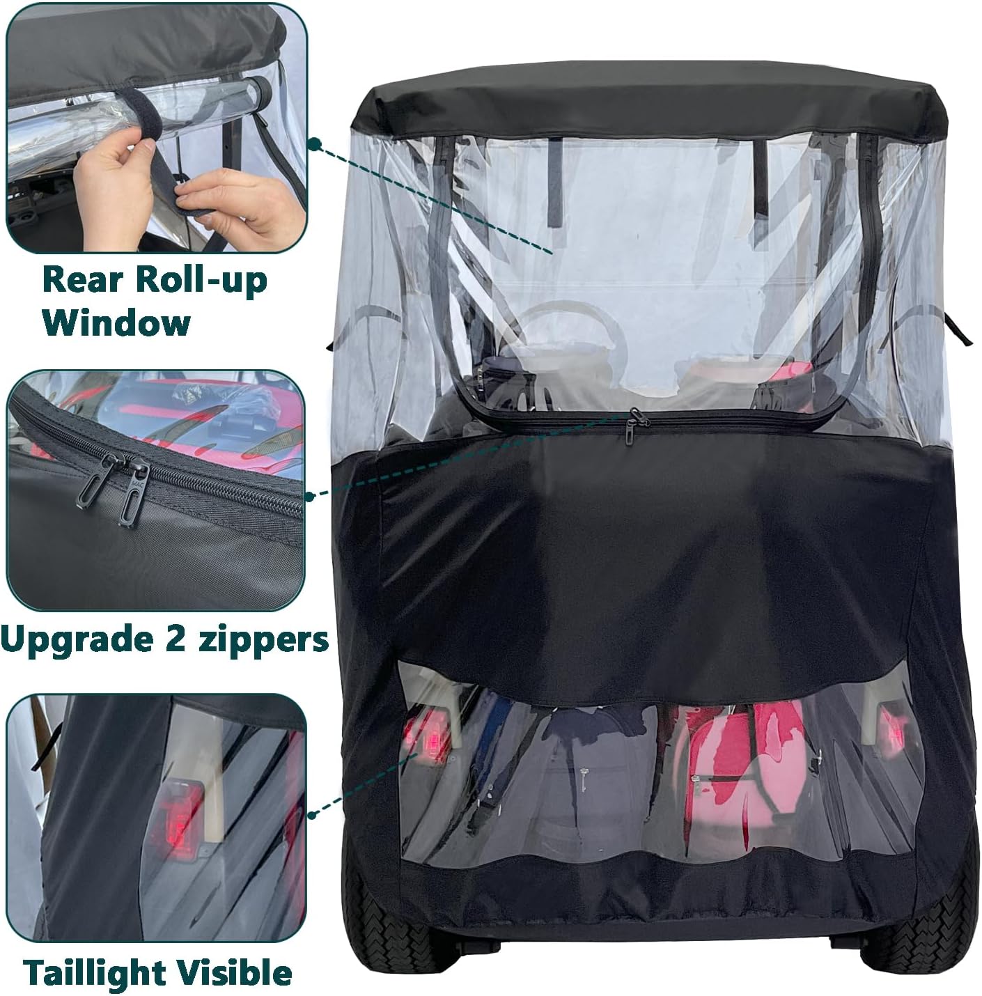 Golf Cart Enclosure 2 Passenger for Club Car Precedent Tempo Onward 2-Seater Waterproof Transparent Driving Rain Enclosure Cover with 4-Sided Clear Windows Mirror Zipper Roll-Up Door Black