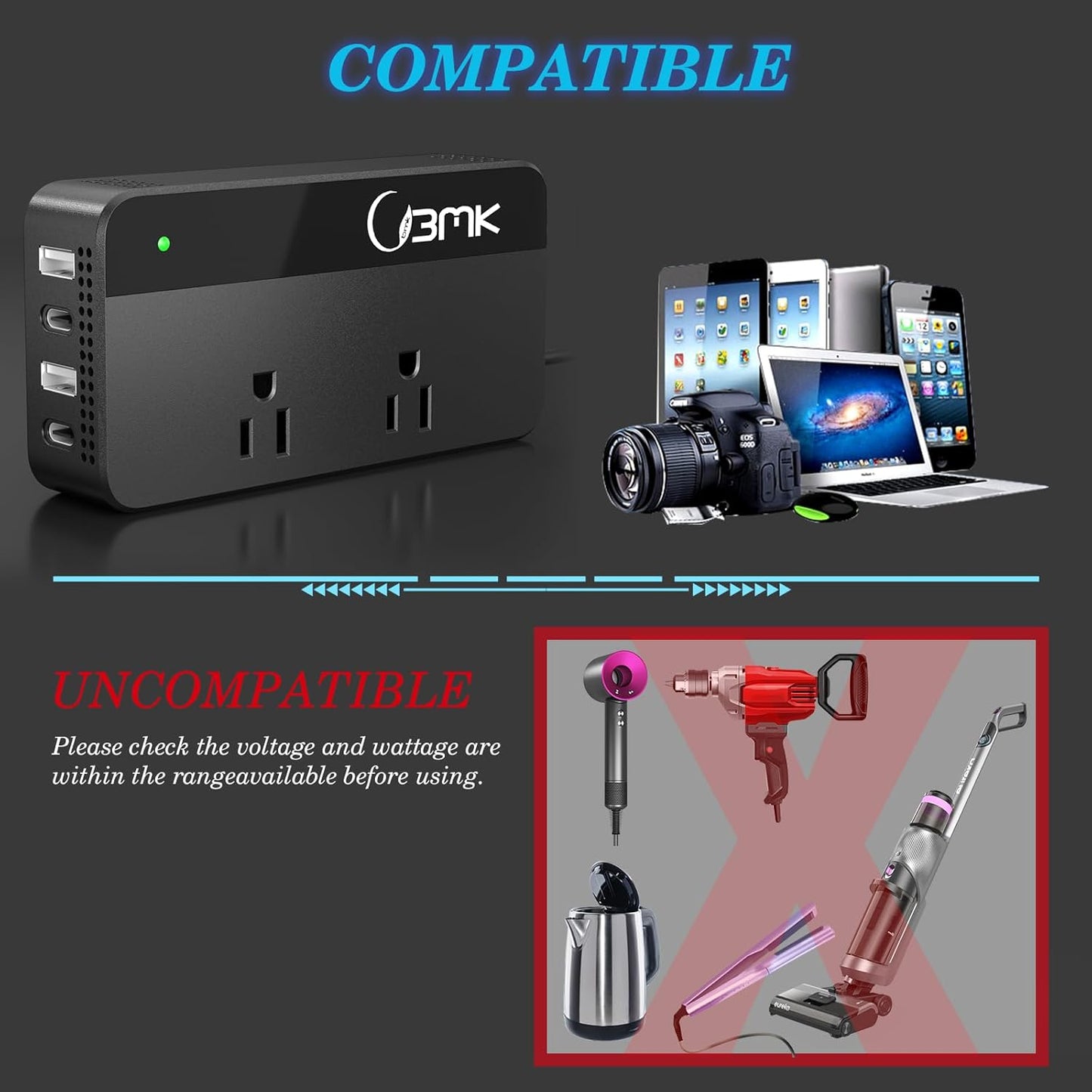 BMK 200W Car Power Inverter DC 12V to 110V AC Car Inverter 4 USB Ports Charger Adapter Car Plug Converter with 2 QC3.0 USB and 2 Type C Ports (Black)