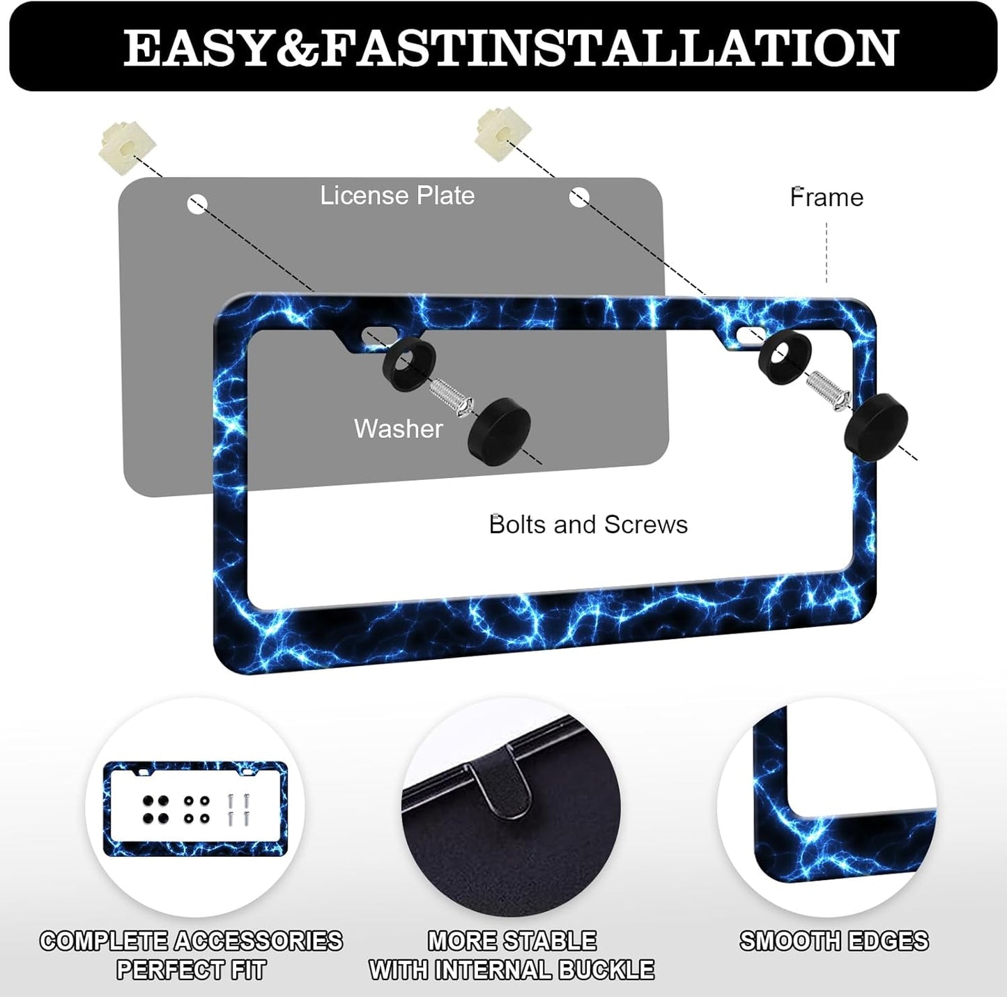 Blue Lightning License Plate Frames - 2 Pack Cool Thunder Stainless Steel License Plate Holder,Rust-Proof Waterproof Car Decorative Tag Frame with Screws Fasteners Caps