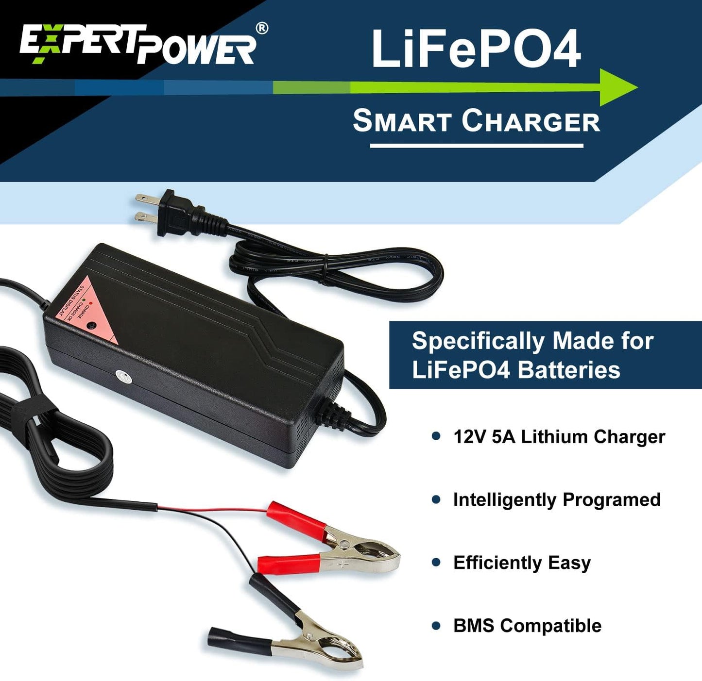 ExpertPower 12.8V 5A Smart Charger for Lithium LiFePO4 Deep Cycle Rechargeable Batteries