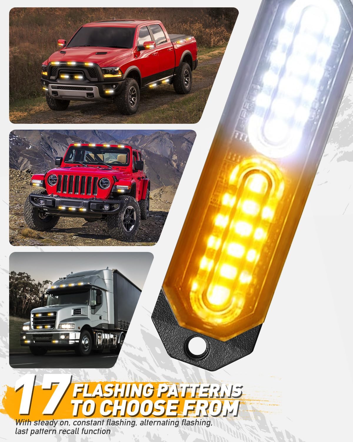 HLauto 1200T Emergency Strobe Grille Lights: 8pcs 12 LED Sync Feature Safety Warning Flashing Lights, Ultra Slim Surface Mount Hazard Caution Light for Trucks, Vehicles, Car, ATV, UTV (Amber White)