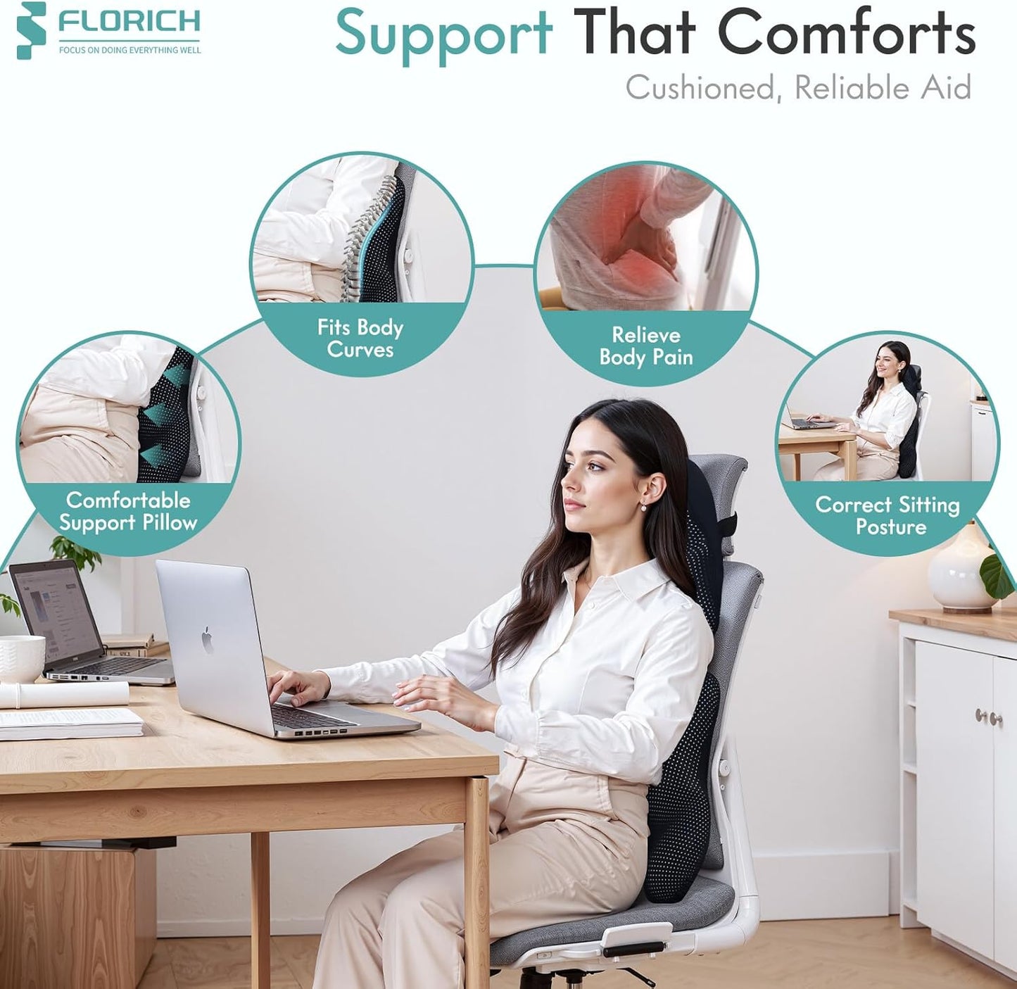 FLORICH Lumbar Support Pillow and Neck Headrest Pillow for Office Chair Car, Ergonomic Memory Foam, Relieves Neck, Back Pain, Pressure-Relieving Back Support for Car, Office Chair & Wheelchair – Black