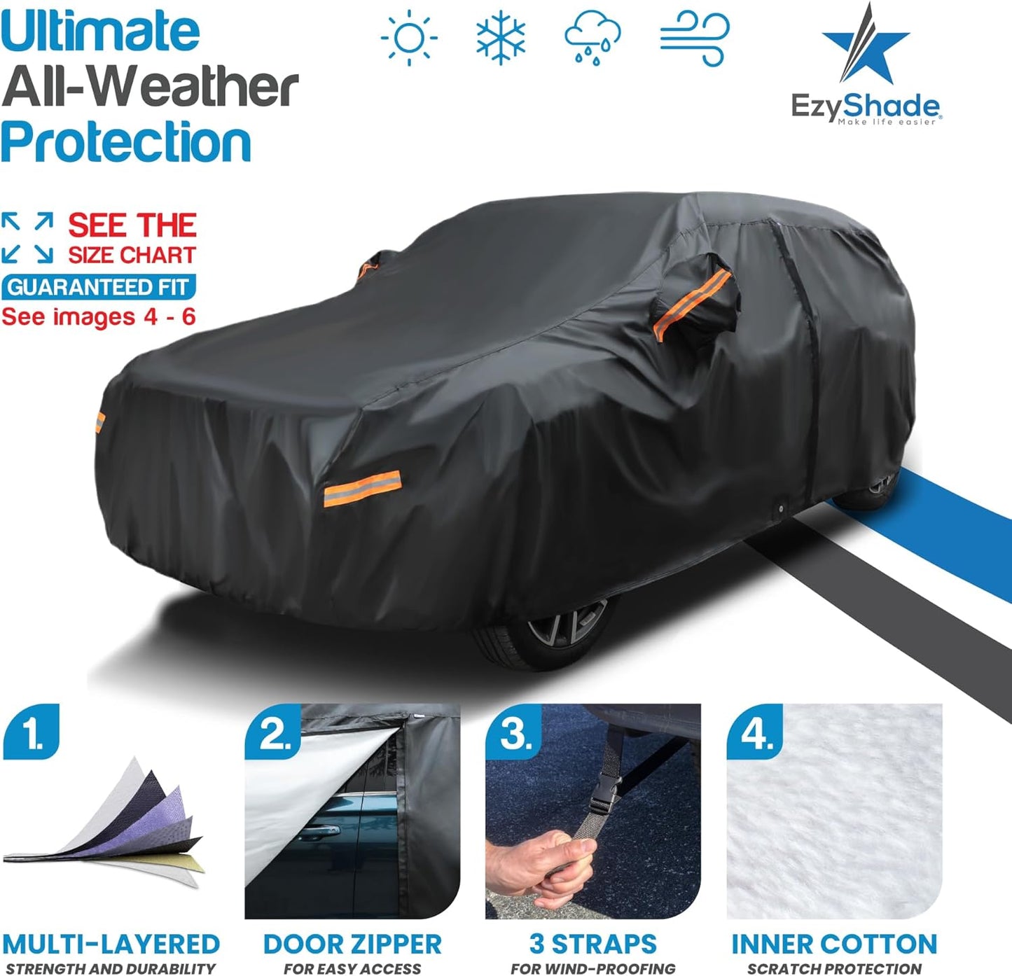 EzyShade 10-Layer SUV Car Cover Waterproof All Weather. See Vehicle Size-Chart for Accurate Fit. Outdoor Full Exterior Covers for Automobiles Heavy Duty Jeep Rav4 CRV. Black, Size S5 (See SizeChart)