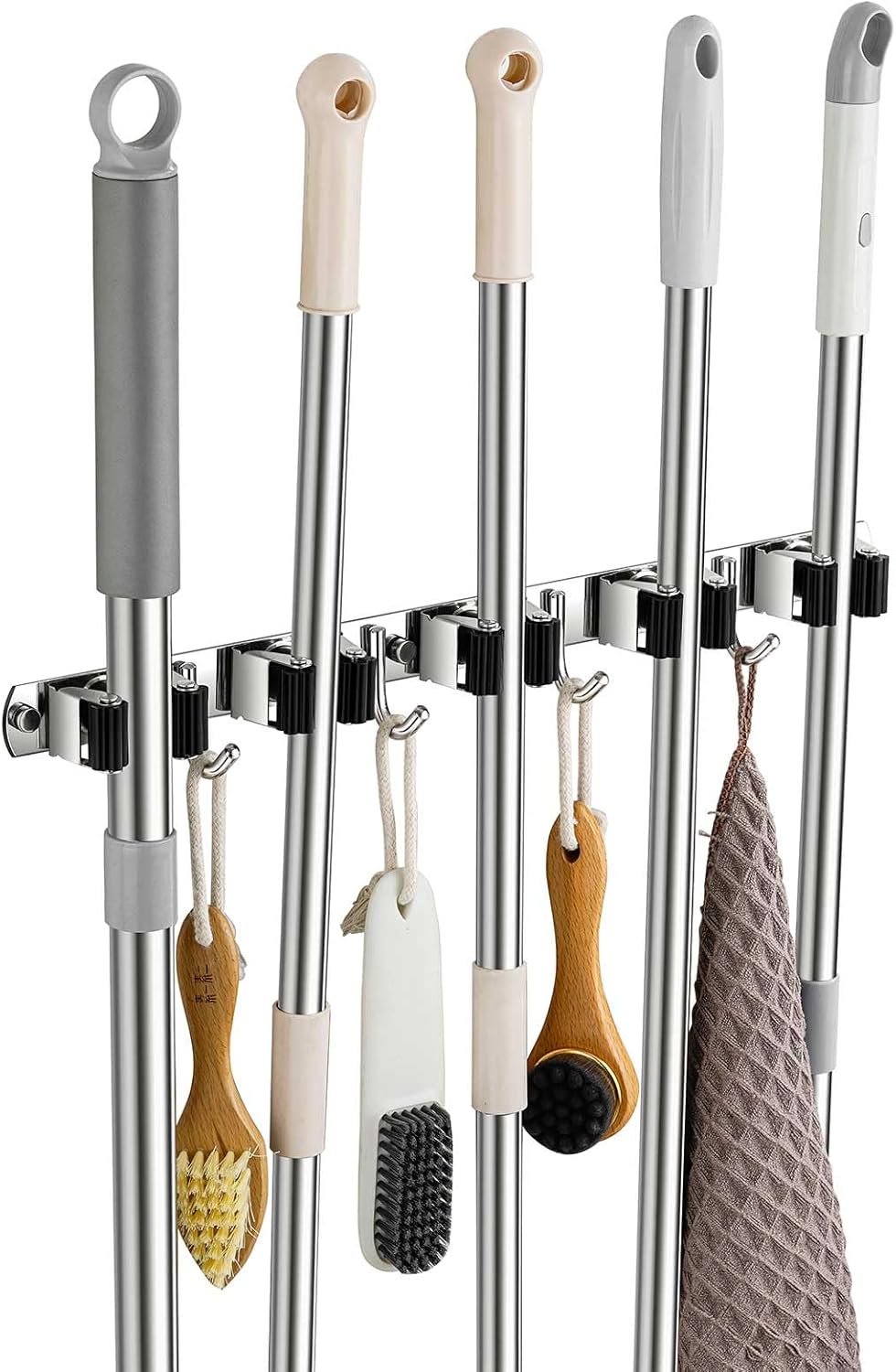 Broom Holder Wall Mount, Stainless Steel Broom Hanger Wall Mount, Heavy Duty Mop and Broom Holder Tool Racks Utility Hooks for Laundry Room Garden Garage, Black (5 Racks and 4 Hooks)