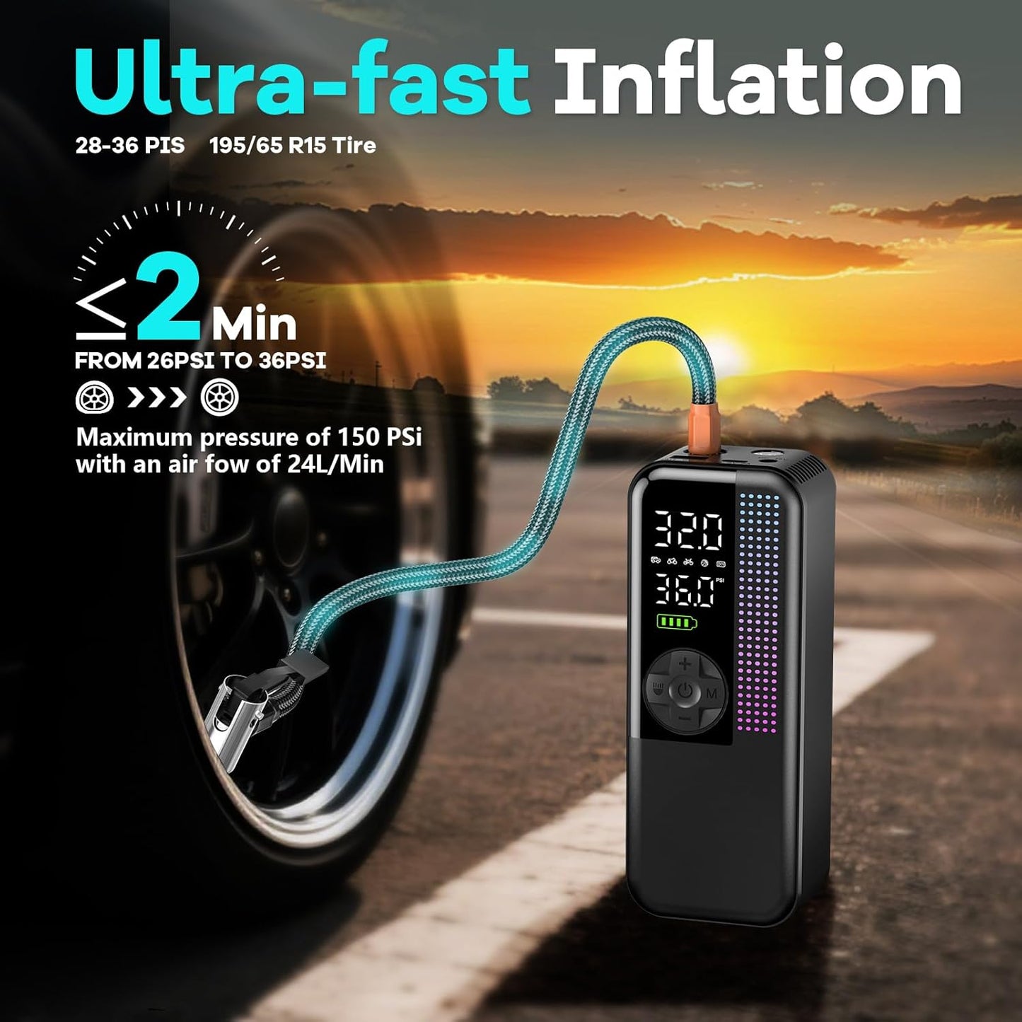 Tire Inflator Portable Air Compressor, 150 PSI Cordless Air Pump, Dual Power 6000mAh, 12V DC Car Plug, Fast Inflation 24L/Min, Auto Shut-Off, LED Light, 4 Preset Modes for Car, Bike, Motorcycle, Balls