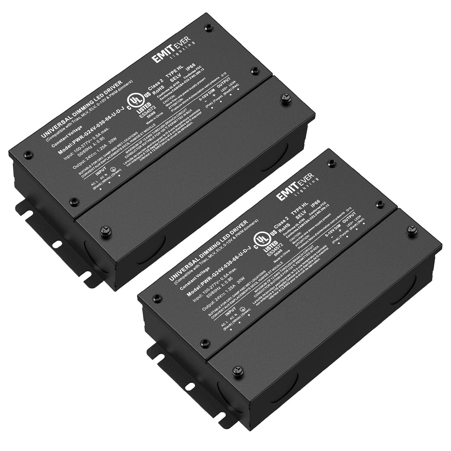 EMITEVER Dimmable Led Driver, 2 Packs 30W AC 110V-277V to DC 24V Transformer, 5-in-1 Dimming: ELV/MLV/TRIAC / 0-10V / 1-10V / 10V PWM/Potentiometer, Waterproof IP67 and UL Listed