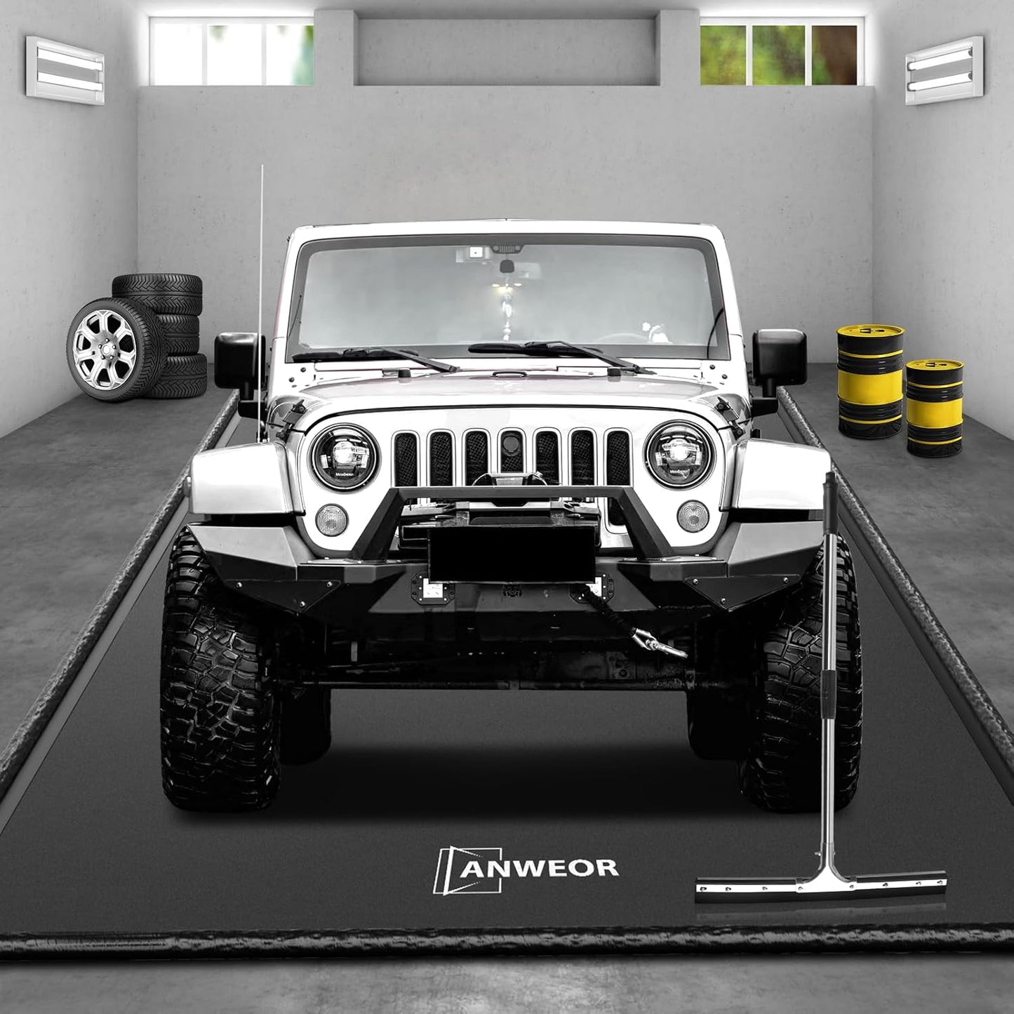 Garage Floor Mat 8'6" x 20' Upgraded Satin Finish Texture Non-Slip Containment Mat Waterproof Garage Floor Mat for Under Car Heavy Duty Protection Mat with Floor Squeegee for All Seasons
