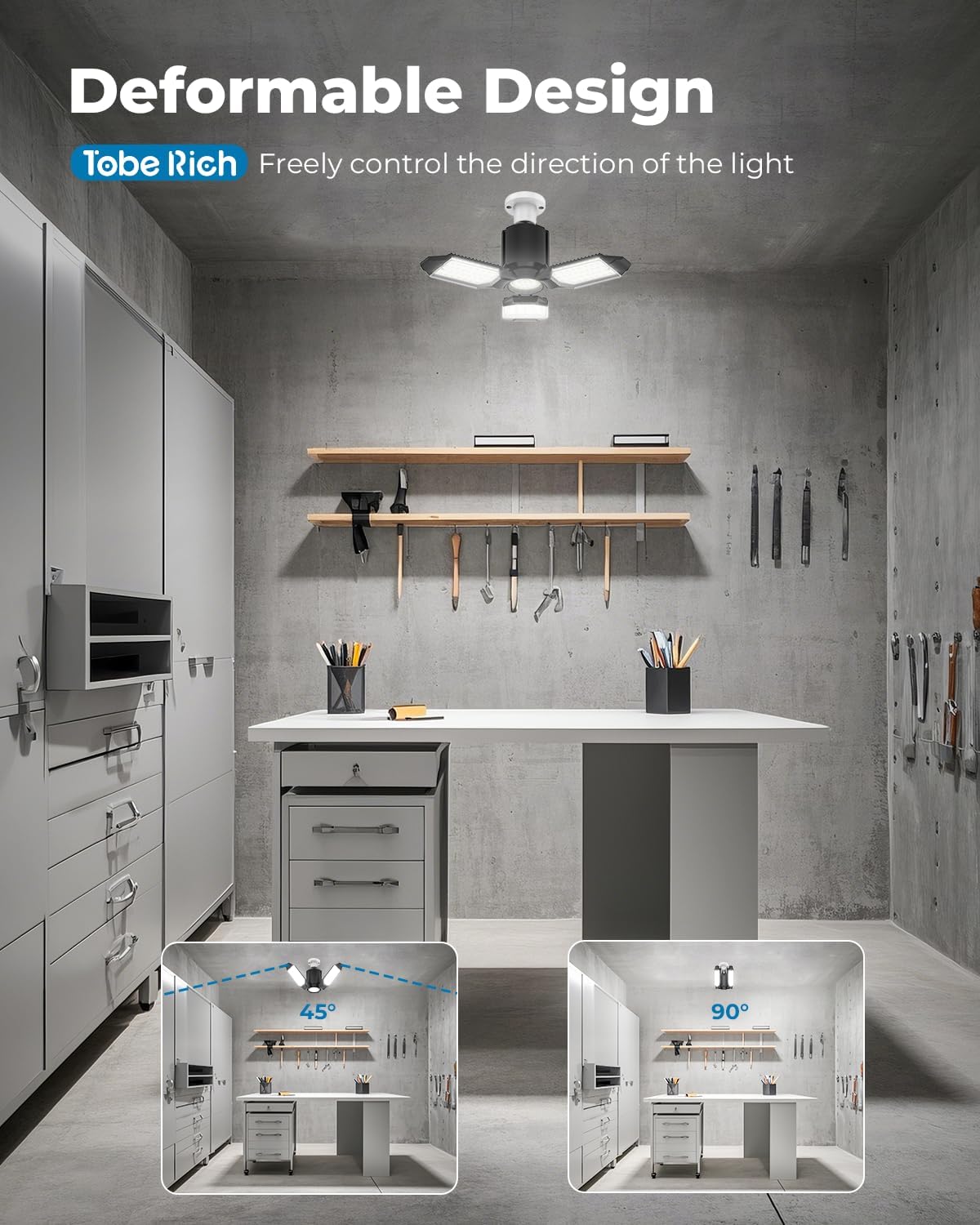 LED Garage Lights 4 Pack, 8000LM Shop Lights with 3+1 Deformable Panels, 6500K Screw in Ceiling Lights for Garage, Workshop, Workbench, Basement