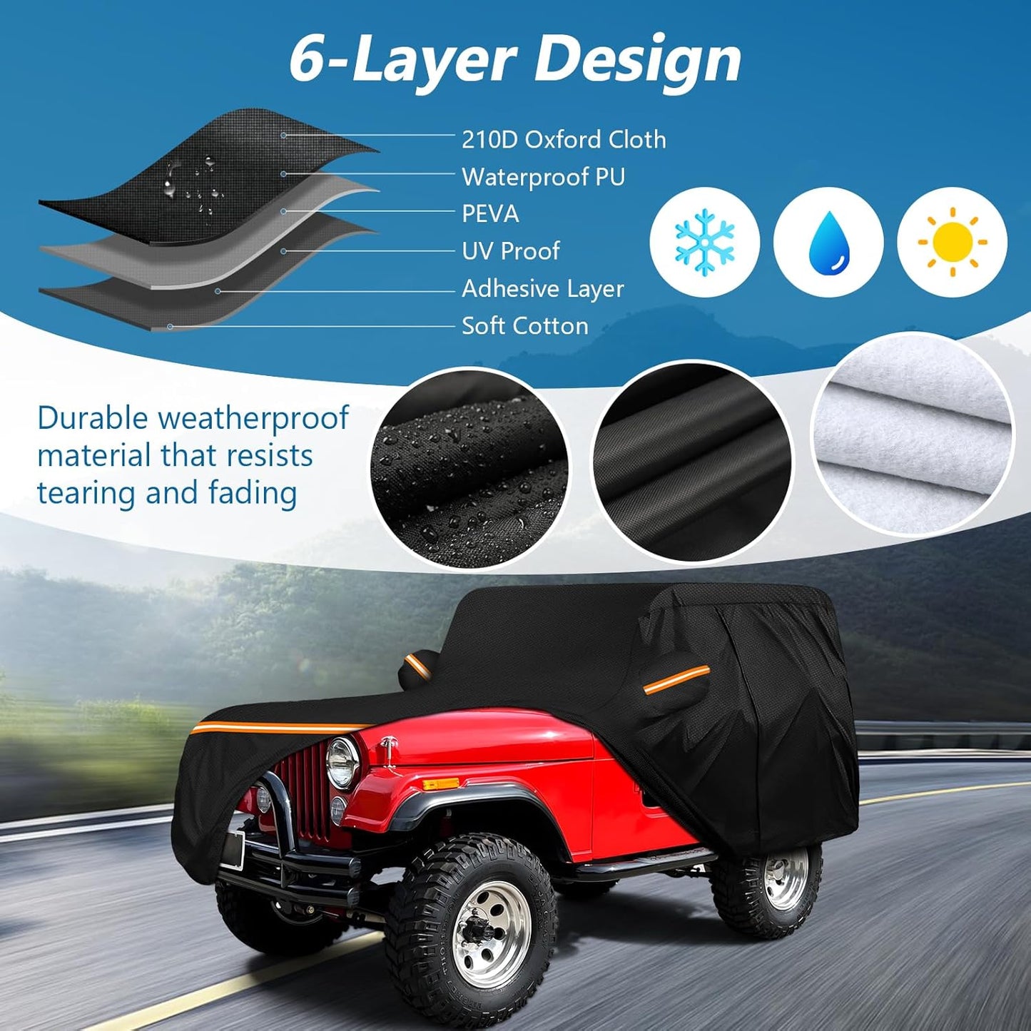 Car Cover for Jeep CJ5 1955-1983, Waterproof 210D Oxford Cloth and Cotton Cover Outdoor Full Car Covers with Zipper Windproof Heavy Duty All Weather with Wind, Sun, UV and Dust Protectio