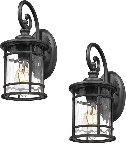 Emliviar Outdoor Wall Sconces 2 Pack, 12.4 Inch Outdoor Front Porch Lights with Water Ripple Glass in Black Finish, XE229BWG-S-2PK BK