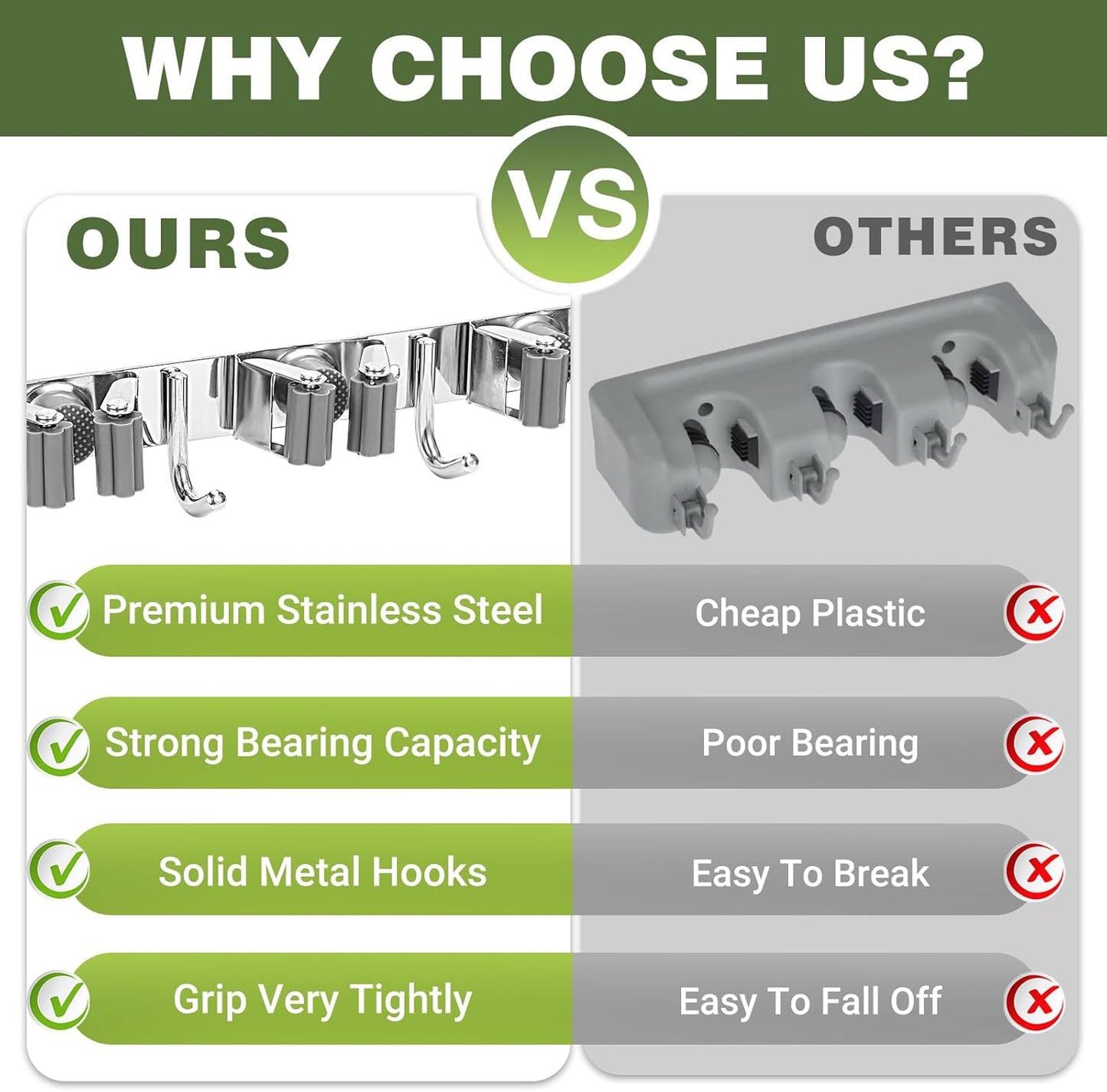 Broom Holder Wall Mount, Broom Organizer Wall Mount Stainless Steel Broom and Mop Hanger Heavy Duty Storage Organization for Home Kitchen Garden Garage Room 5 Racks 4 Hooks (1Pack)(Black Racks)