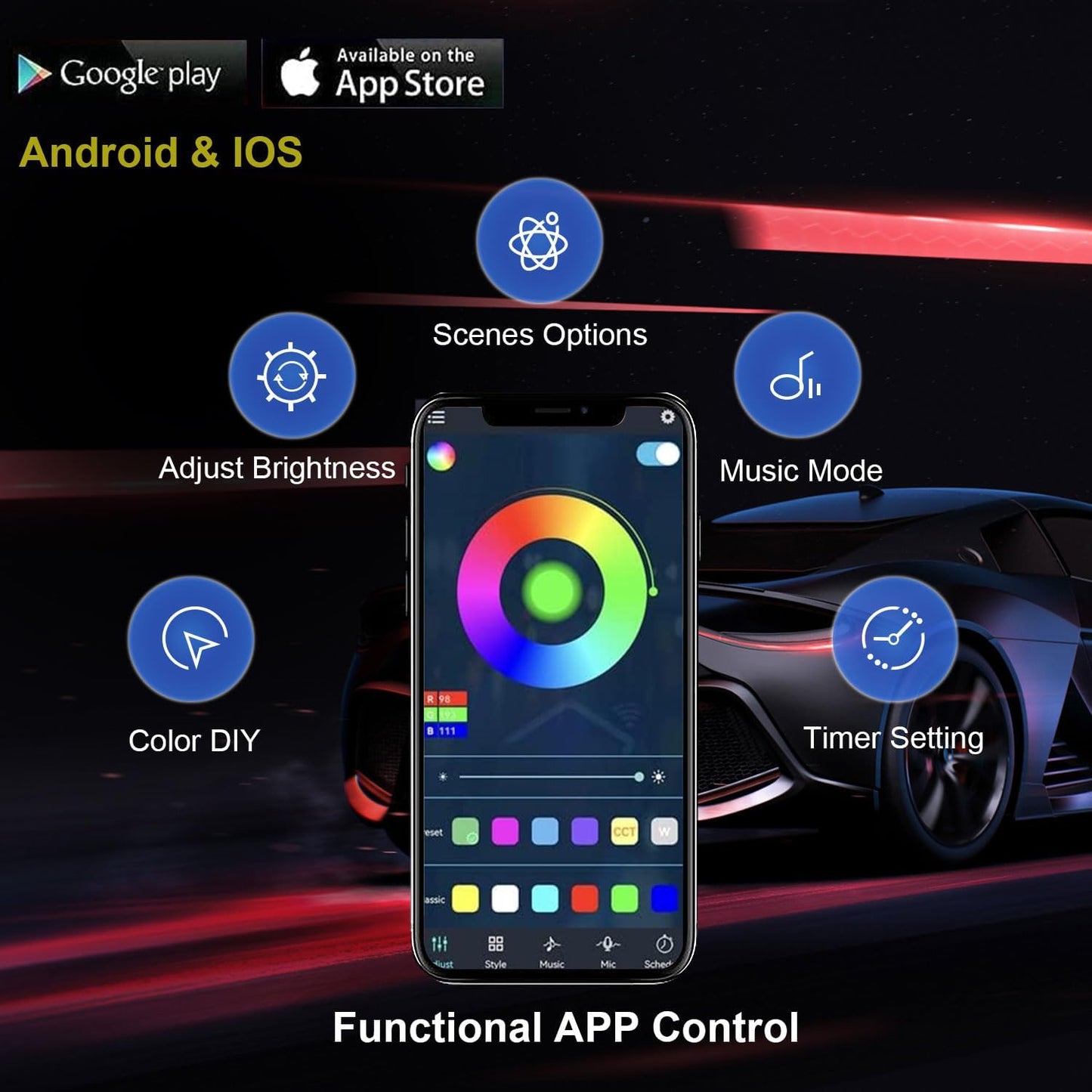 Underglow Led Lights for Cars, 6 pcs RGB-IC Smart LED Lights with Dream Color Chasing and 16 Million Colors with App and Remote Control, Waterproof Underglow Kit for Cars, SUVs, Trucks