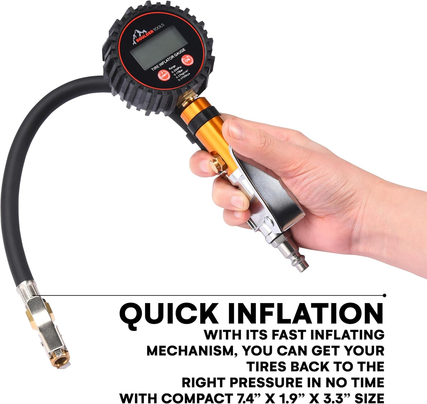 Boulder Tools Tire Pressure Gauge with Inflator - Heavy Duty 0-250 PSI LED Digital Tire Inflator Gauge with Air Chuck Lock, Bleed Valve - Air Compressor Accessories for Car, Motorcycle, Bicycle Tires