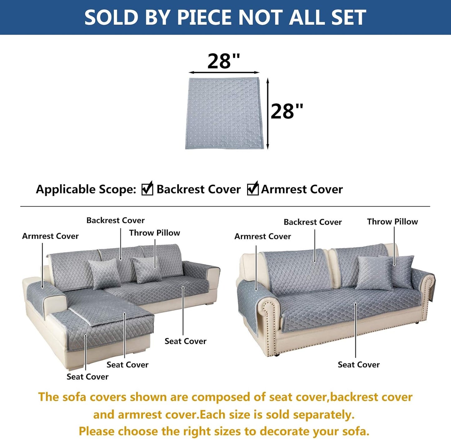 Eismodra Armrest Covers,Couch Cover,Sofa Cover,Backrest Covers,Anti-Slip Armchair Slipcovers for Dogs Cats Pet Loveseat Recliner Leather L Shaped,Light Gray 28 x 28 Inches (Only 1 Piece)