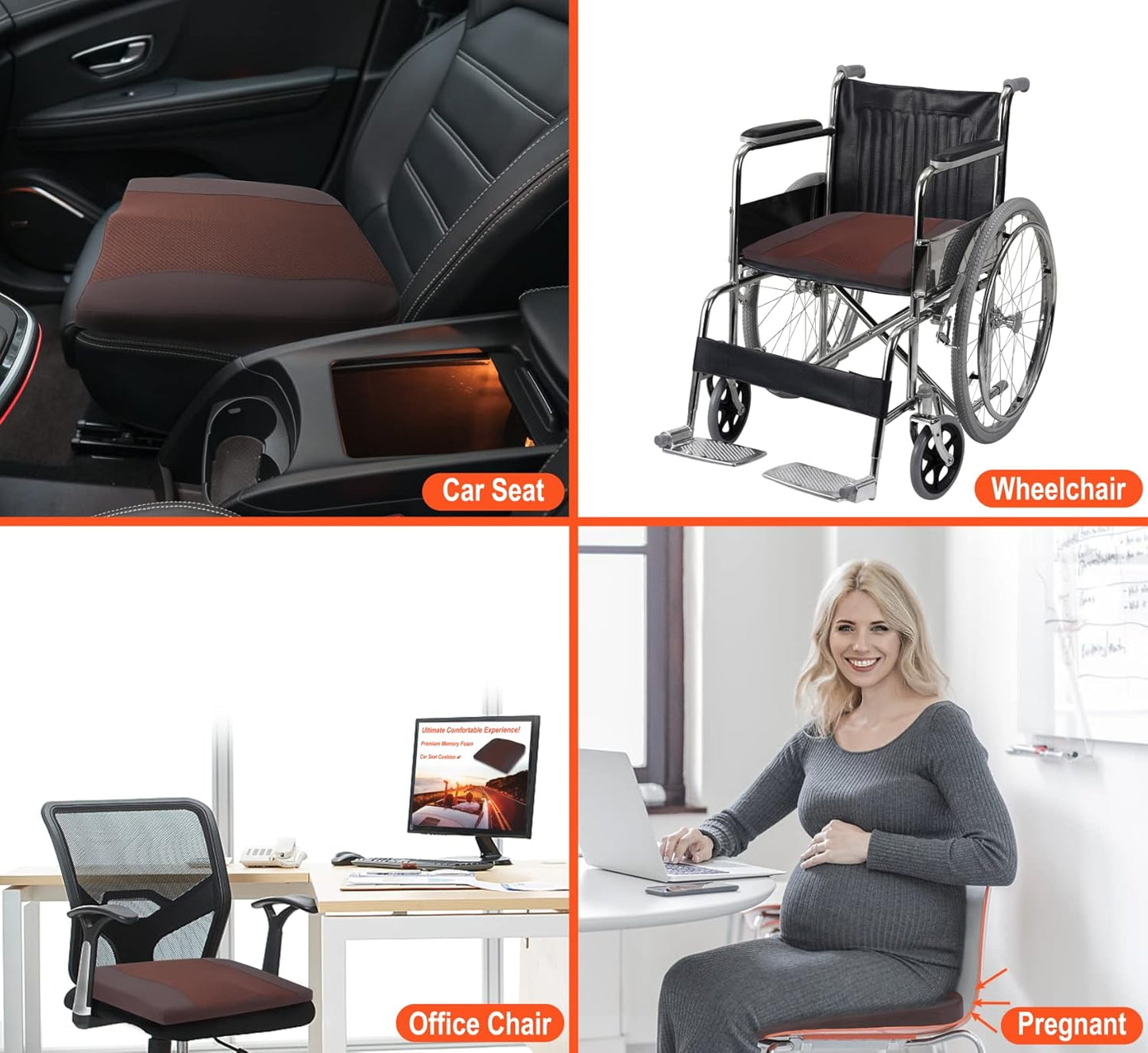 Car Seat Cushion, Comfort Memory Foam Car Cushions for Driving - Sciatica & Lower Back Pain Relief, Driver Seat Pillow for Auto, Office Chair, Wheelchair - Brown