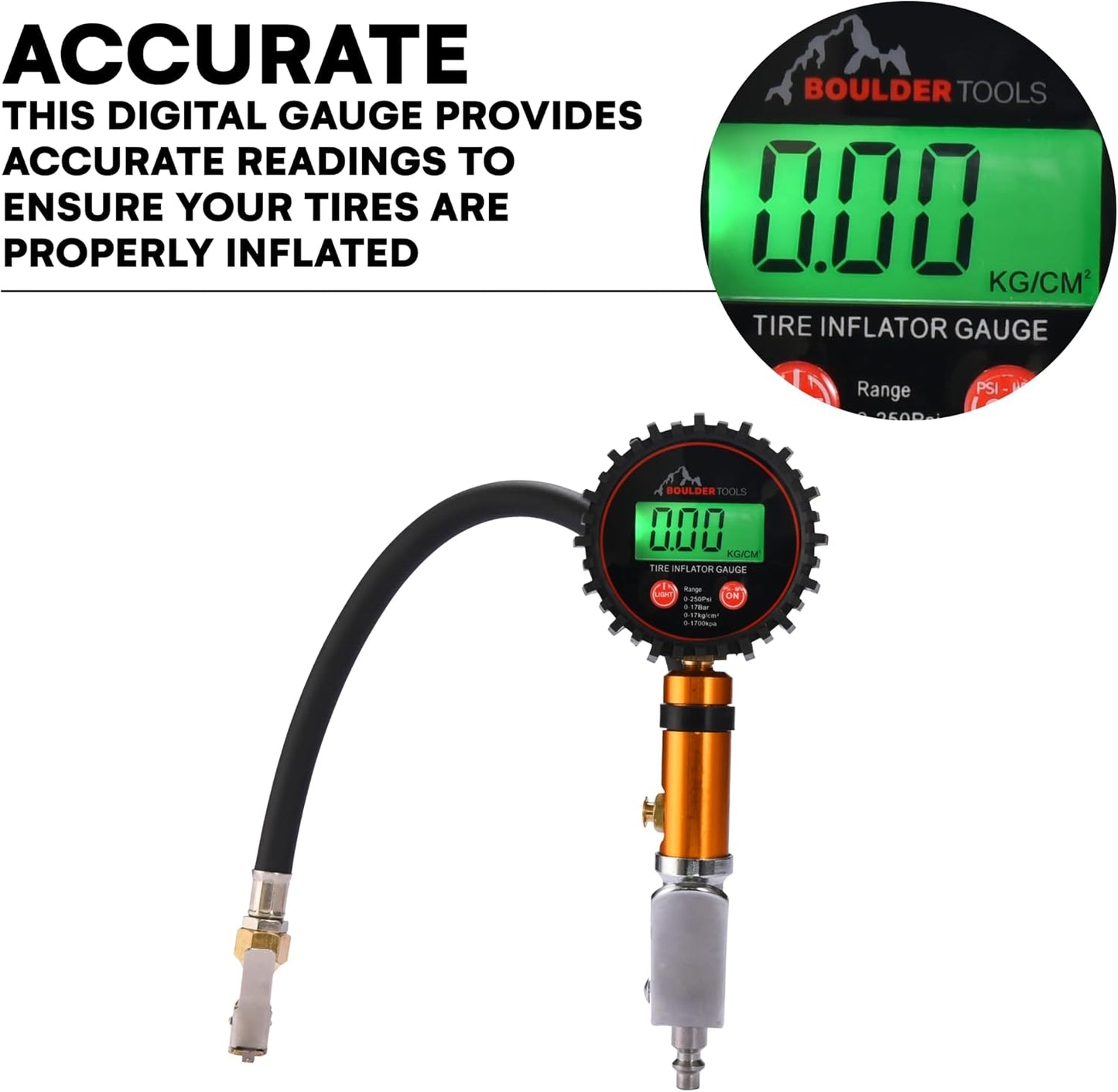 Boulder Tools Tire Pressure Gauge with Inflator - Heavy Duty 0-250 PSI LED Digital Tire Inflator Gauge with Air Chuck Lock, Bleed Valve - Air Compressor Accessories for Car, Motorcycle, Bicycle Tires