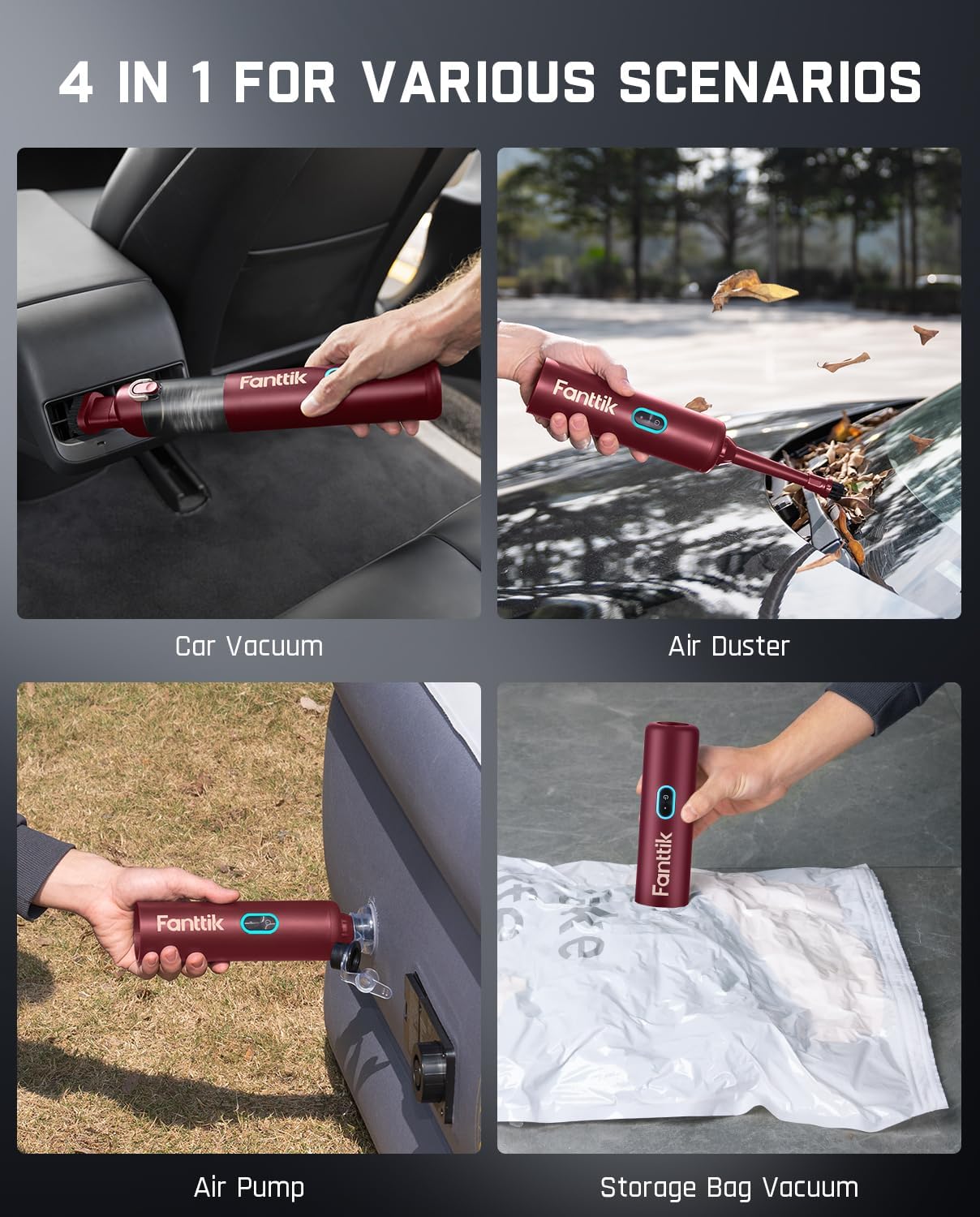 Fanttik Slim V8 APEX Car Vacuum, 4-in-1 Portable Mini Cordless Vacuum with 19000pa Suction Power, Type-C Charge, 2 Suction Modes, Handheld Vacuum for Car, Office Desk, Keyboards (Red)