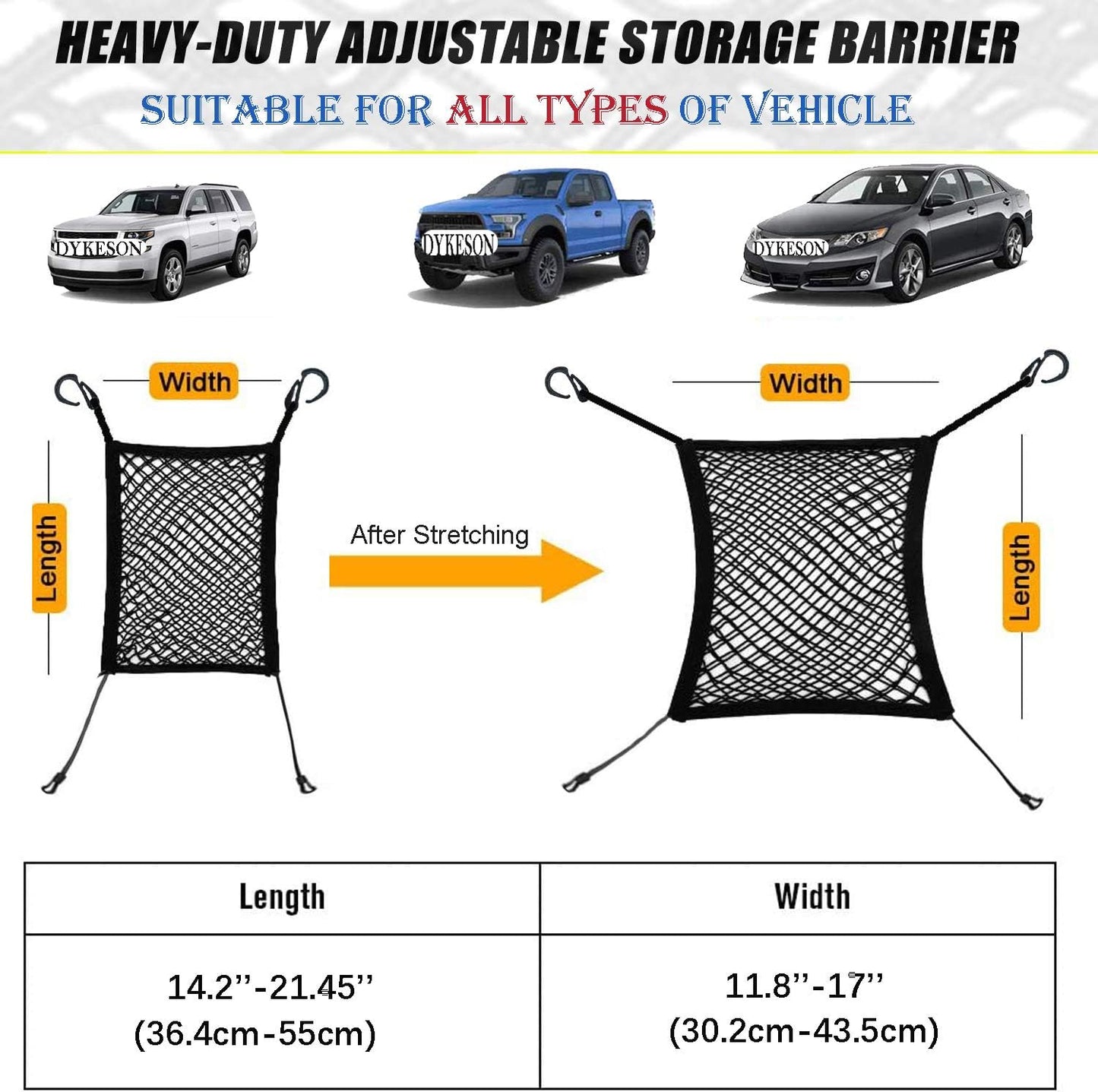 DYKESON Pet Barrier Dog Car Net Barrier with Auto Safety Mesh Organizer Baby Stretchable Storage Bag Universal for Cars, SUVs -Easy Install,Safer to Drive with Pets and Children, 2 Layer