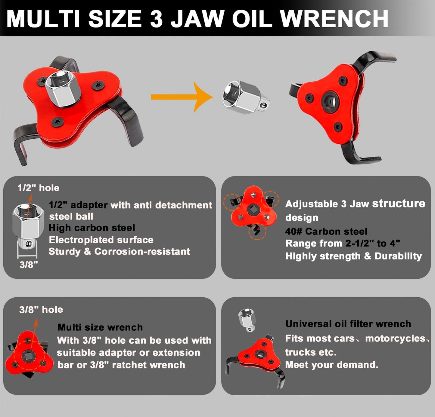 10PCS Oil Filter Wrench Set, 9" & 12" Oil Filter Pliers, 3 Jaw Oil Filter Wrench Tool with Oil Funnel for Oil Change Adjustable From 1-3/4" to 6"