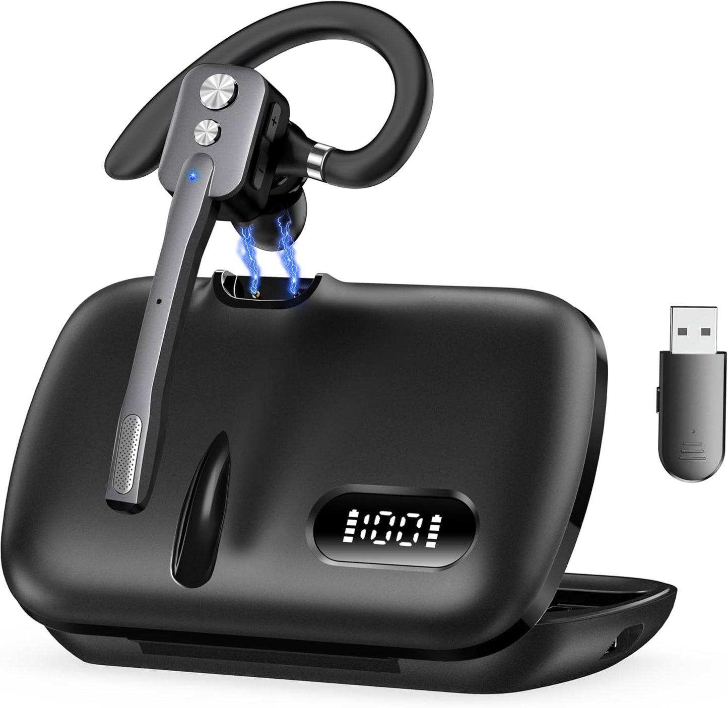 Bluetooth Headset, Wireless Bluetooth Earpiece with Dual-Mic & Noise Canceling, Single Ear Headset with Mute for Business, Remote Work, V5.3 Hand-Free headset for iOS Android Cell Phone (Gray)