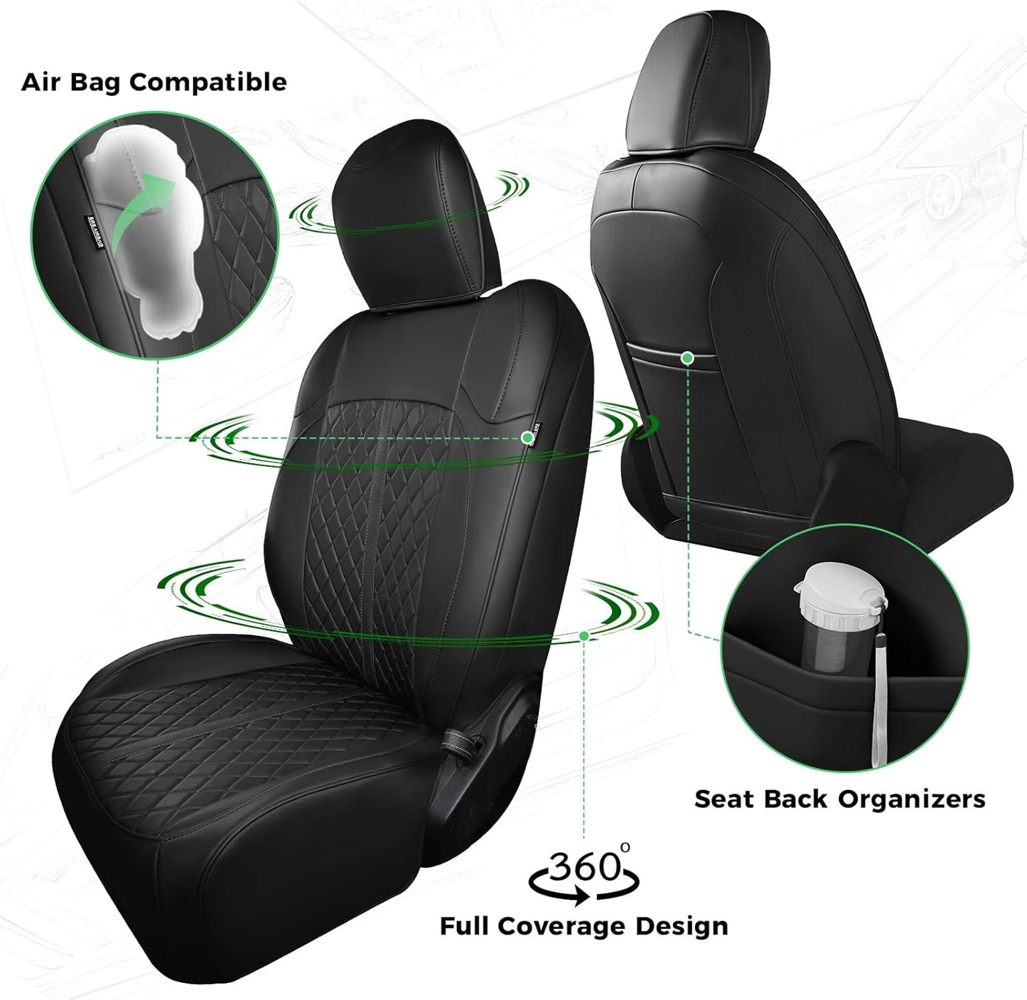 for Jeep Wrangler Seat Covers 4Door JL 2018 2019 2020 2021 2022 2023 2024 2025, Custom Fit Car Seat Cover Full Set, Luxury Waterproof Leather Seat Protectors, Black, W/O Rear Cup Holder