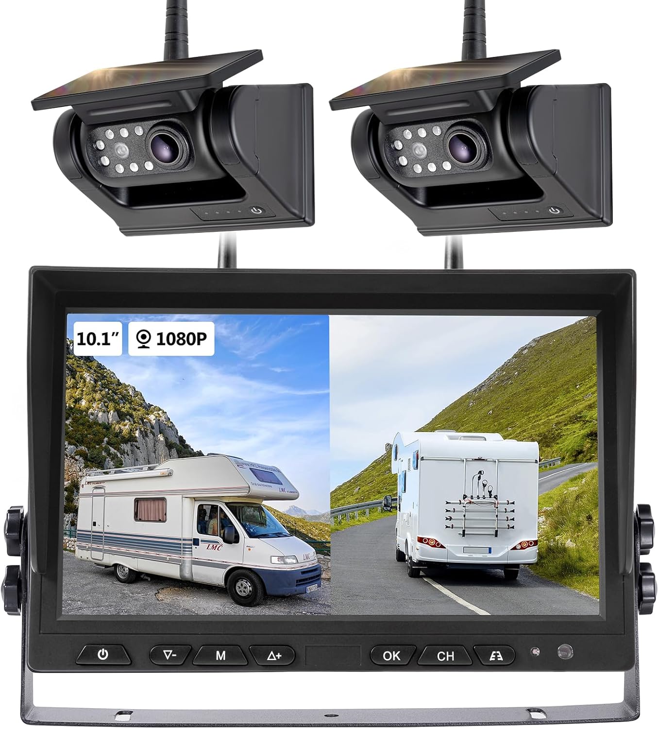 10.1" - 2 Magnetic Solar Wireless Backup Camera, HD 1080P DVR Monitor, Dual RV Cameras System for Hitch Towing RV Camper Trailer, IR Night Vision, Rechargeable Battery, Type-C Charging, SR2
