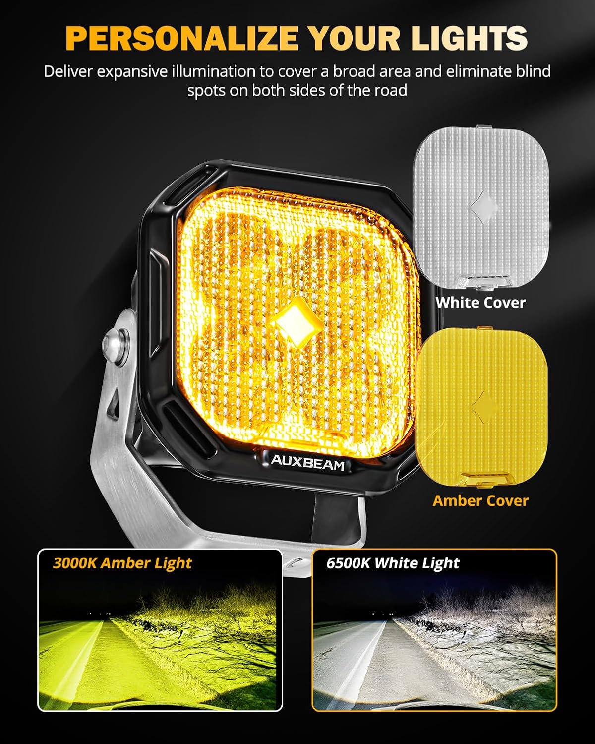 Auxbeam 3 Inch LED Pods Offroad Driving Lights with Amber White DRL & Turn Signal Fog Lights Color Play Series 11600LM 100W Flood Beam Cube Ditch Light Bar for Jeep, 2 Years Warranty