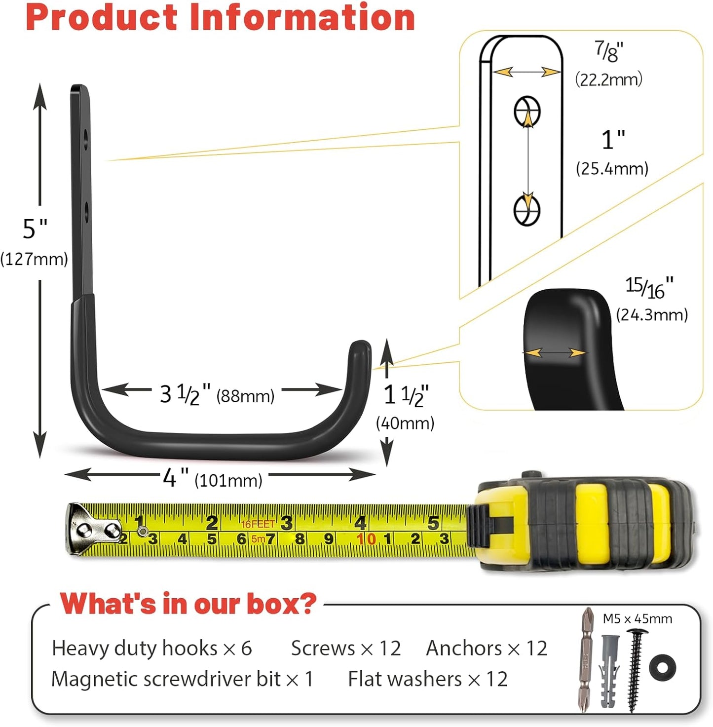Garage Hooks 4 Inch, 6 Pack Heavy Duty Wall Hooks for Hanging, Ladder Hangers for Garage Wall Mount, Steel J Utility Garden Hose Holder Tool Organizers and Storage(55lbs)