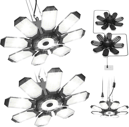 TANBABY Upgrade 250W LED Garage Lights Plug in 2 Pack, Total 50000LM Deformable Lights Ceiling LED Plug in Cord, Plug in Shop Light for Garage Lighting with 8+1 Panels Garages Bulb for Basement