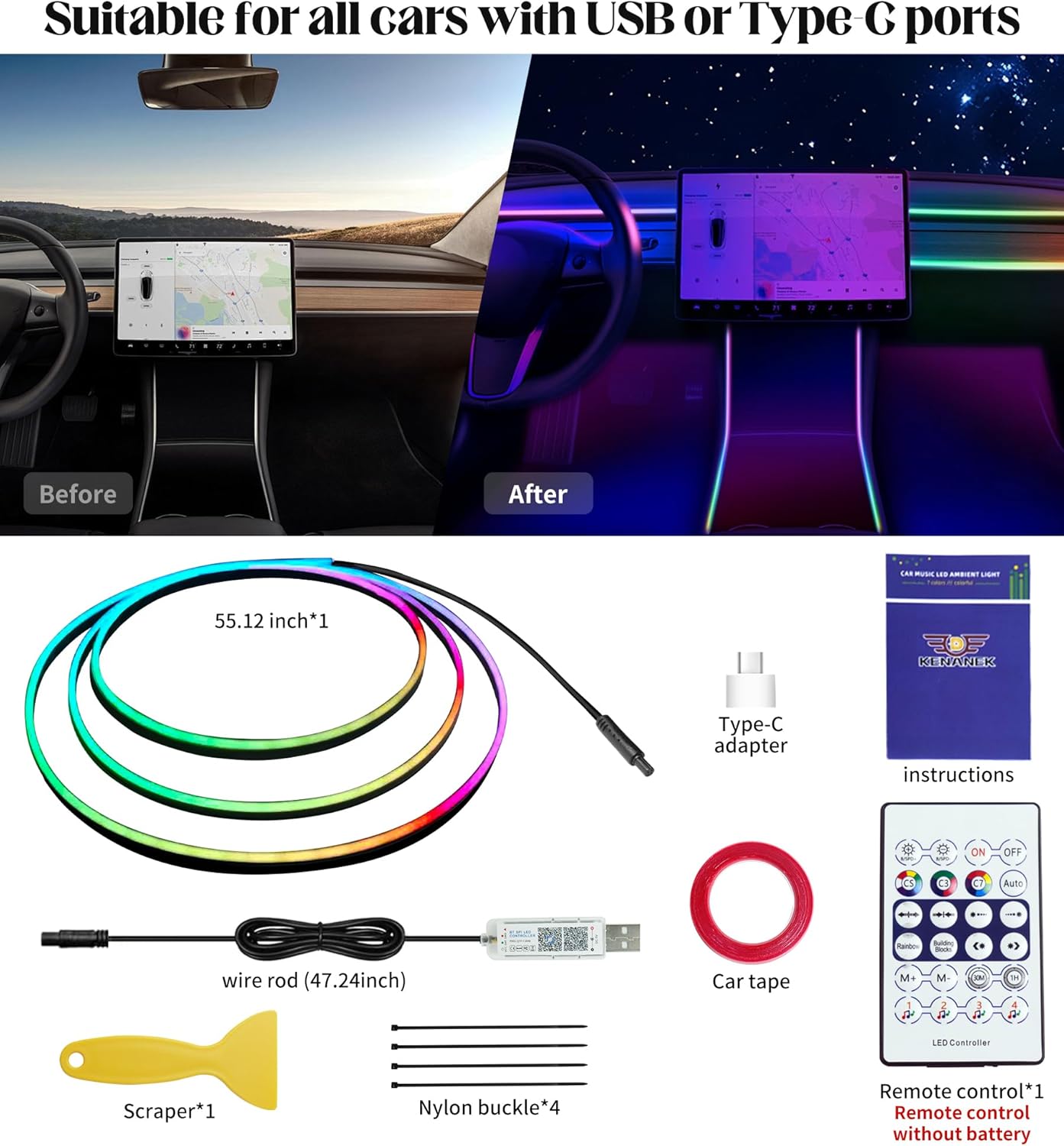 KENANEK Acrylic Interior Car LED Strip, 55.12-inch USB/Type C Interface Colorful car Ambient Lights kit，Supporting Wireless Control Modes，with 16 Million Color Options