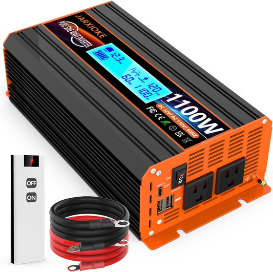 1100 Watt Pure Sine Wave Power Inverter 12V DC to 110V 120V Converter for Family RV Off Grid Solar System Car with Type-C Ports 2 AC Power Outlets Dual USB Ports LCD Display Wireless Remote Control…