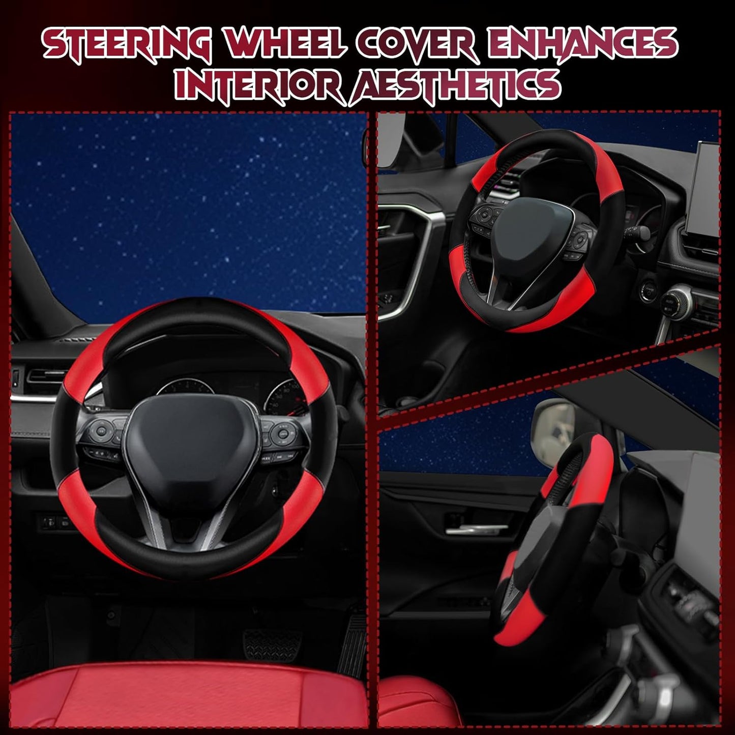 Breathable Soft Leather Steering Wheel Cover with Anti-Slip Grip, fits 14.2 to 14.96 inch Round Wheels and Compatible with Tesla, Toyota, Honda, Nissan Models（Sedans and SUVs）