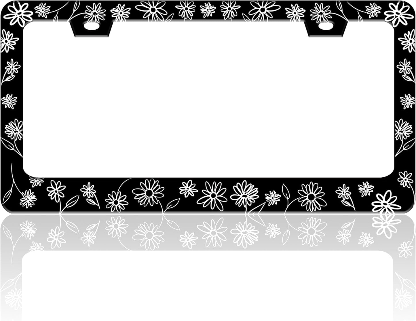 Black and White Daisies License Plate Frame Flower Art License Plate Holder for Front or Rear Car Tags Stainless Steel Funny Car Decoration with Screws 6.3 X 12.2 in