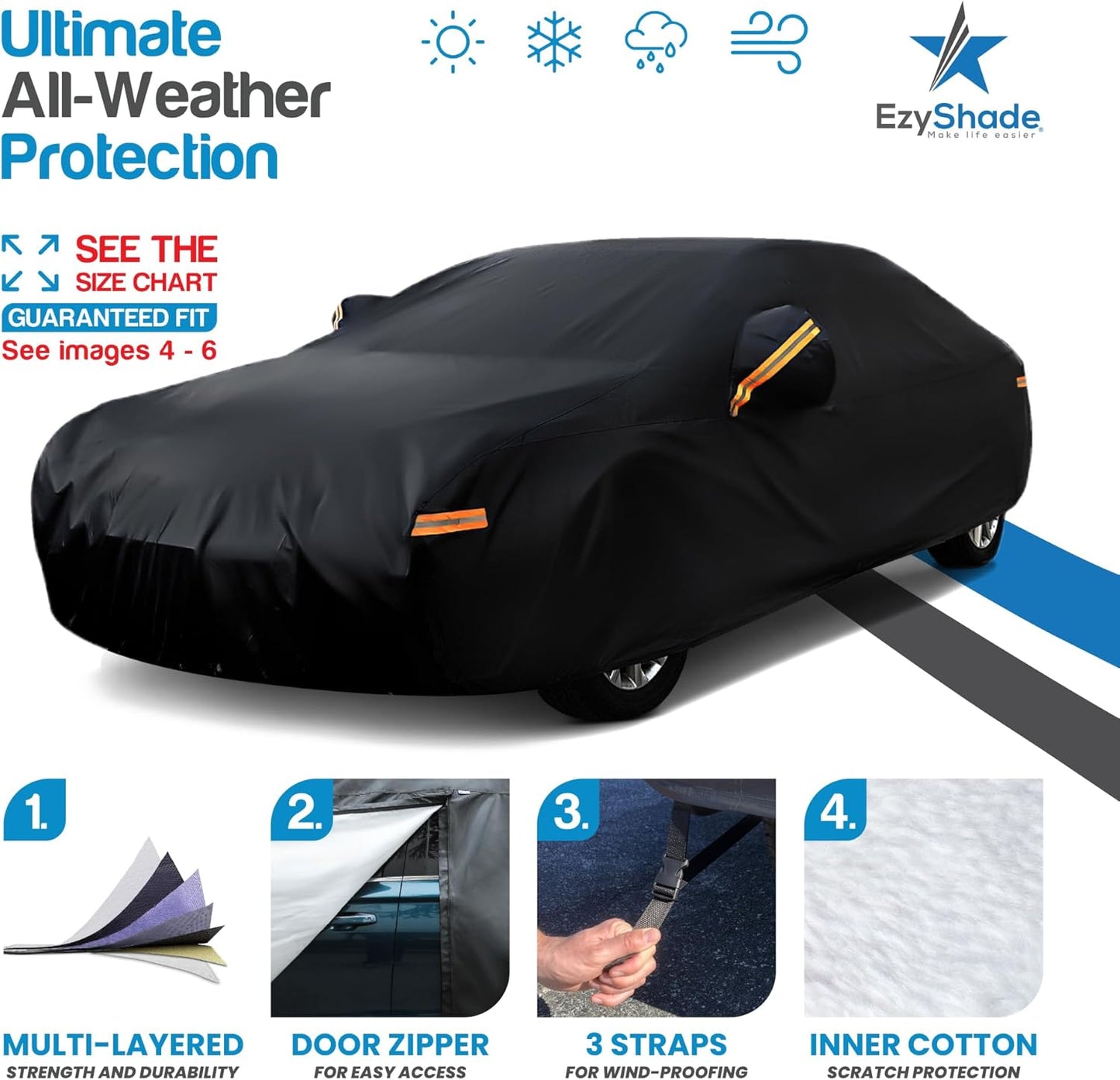 EzyShade 10-Layer Car Cover Waterproof All Weather. See Vehicle Size-Chart for Accurate Fit. Outdoor Full Exterior Covers for Automobiles Sedan Hatch. Rain Sun Snow. Black, Size A3 (See SizeChart)