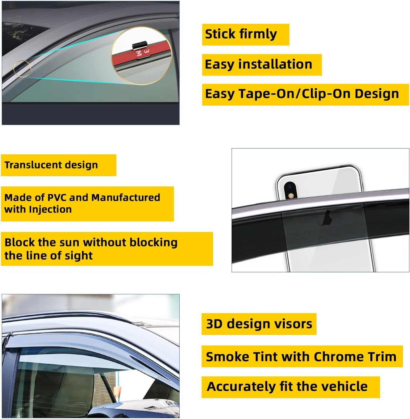 4pcs Smoke Tint with Chrome Trim Outside Mount Tape On/Clip On Style PVC Sun Rain Guard Window Visors Compatible with 2014-2020 Nissan X-Trail/Rogue