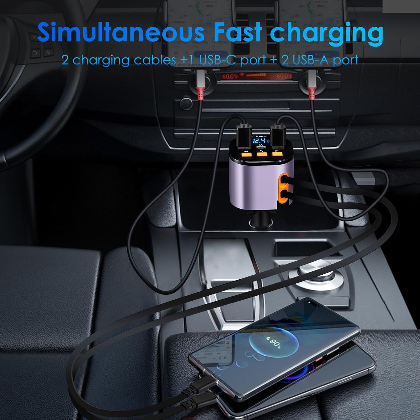 Retractable Car Charger,5 in 1 Fast Car Phone Charger 90W,Bluetooth 5.3 FM Transmitter Adapter,Handsfree Call,2 Retractable Cables and USB Cars Chargers for iPhone 15/14/13 (Purplr)