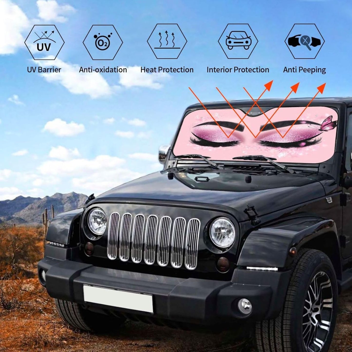 Hello Eyelashes Car Sun Shade Windshield Sunshade Foldable Front Window Shield Cover for Truck SUV